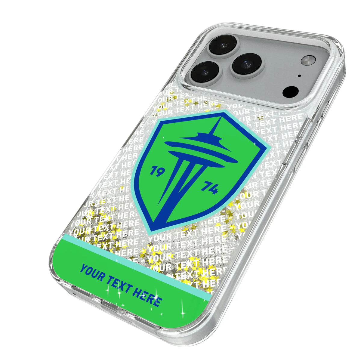 Seattle Sounders FC Personalized EndZone Plus iPhone Glitter Phone Case for Apple iPhone - Isometric View#Device_iPhone 18 Pro
