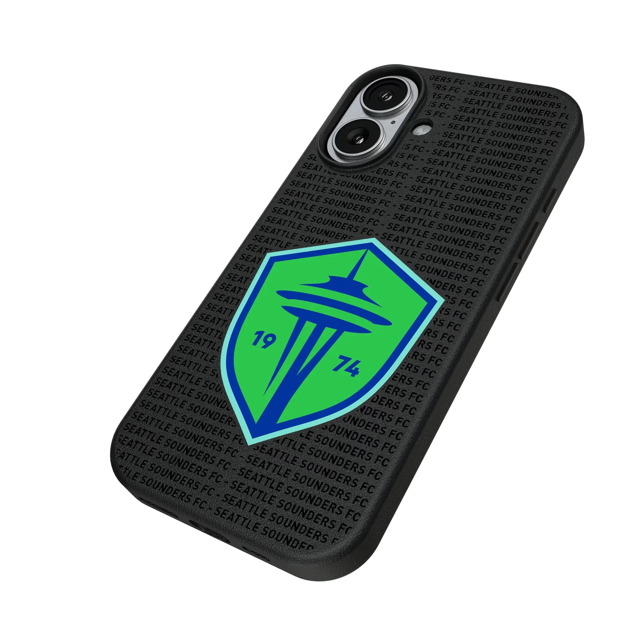 Seattle Sounders FC Text Backdrop iPhone MagSafe Compatible Phone Case for Apple iPhone - Isometric View#Device_iPhone 17