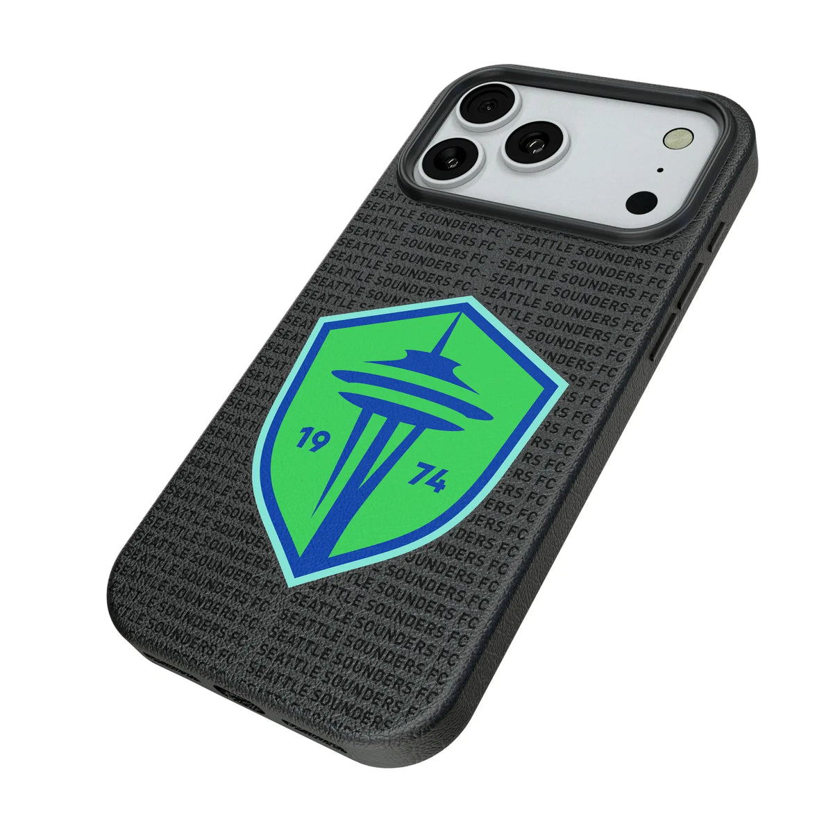 Seattle Sounders FC Text Backdrop iPhone MagSafe Compatible Phone Case for Apple iPhone - Isometric View#Device_iPhone 18 Pro Max