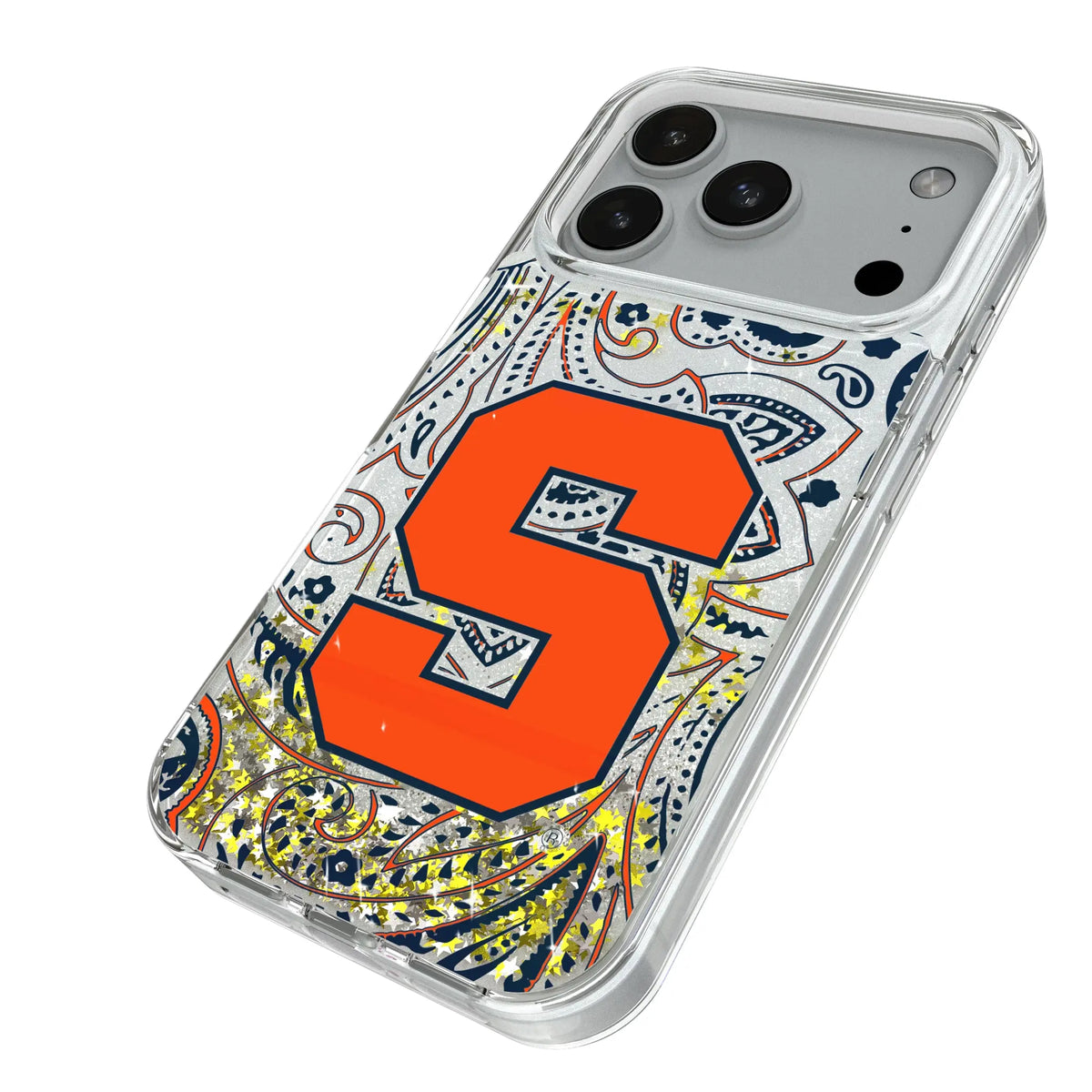 Syracuse University Orange Paisley iPhone Glitter Phone Case for Apple iPhone - Isometric View#Device_iPhone 18 Pro