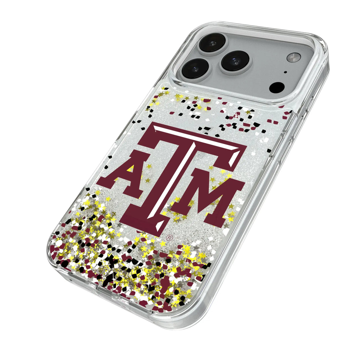 Texas A&M University Aggies Confetti iPhone Glitter Phone Case for Apple iPhone - Isometric View#Device_iPhone 18 Pro