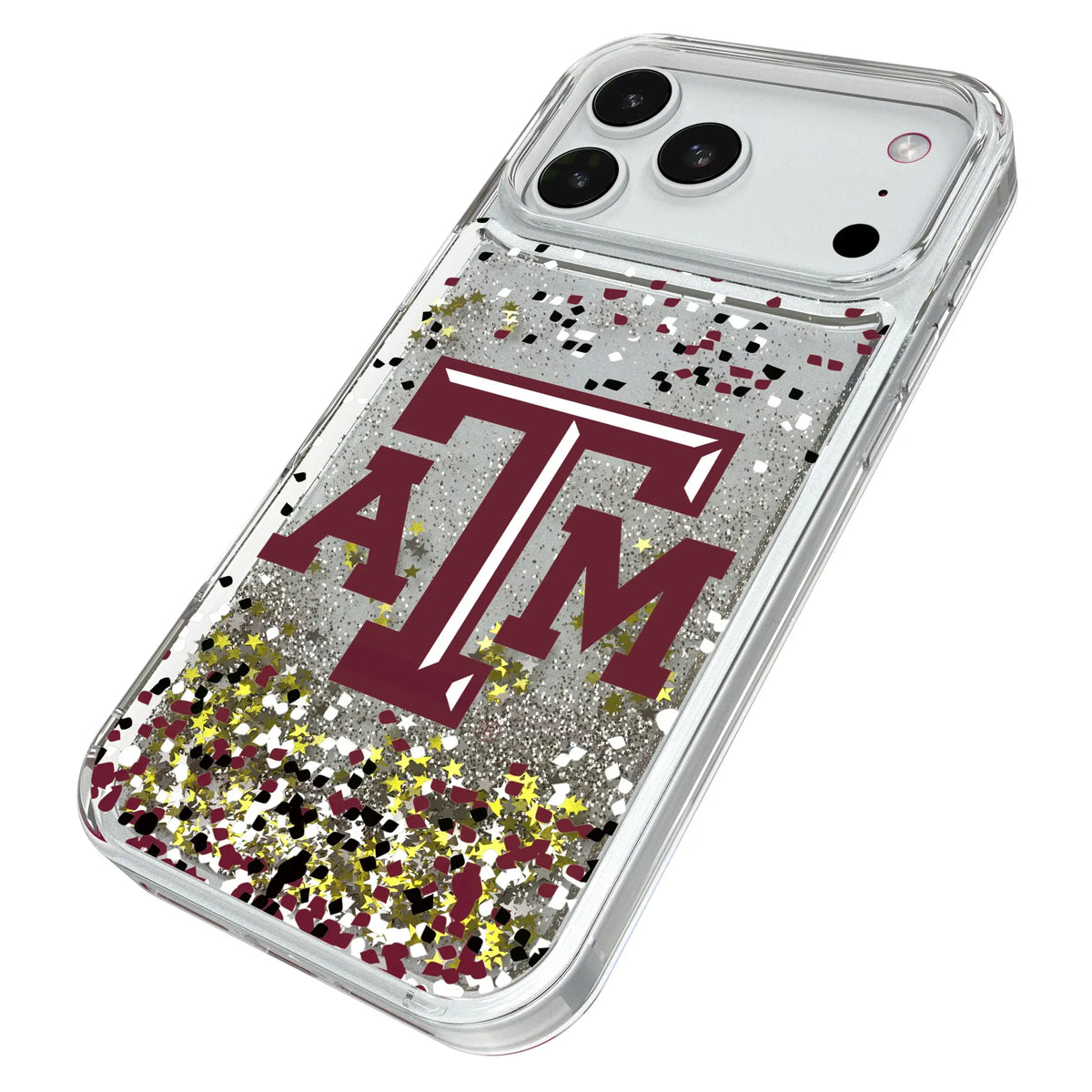 Texas A&M University Aggies Confetti iPhone Glitter Phone Case for Apple iPhone - Isometric View#Device_iPhone 18 Pro Max
