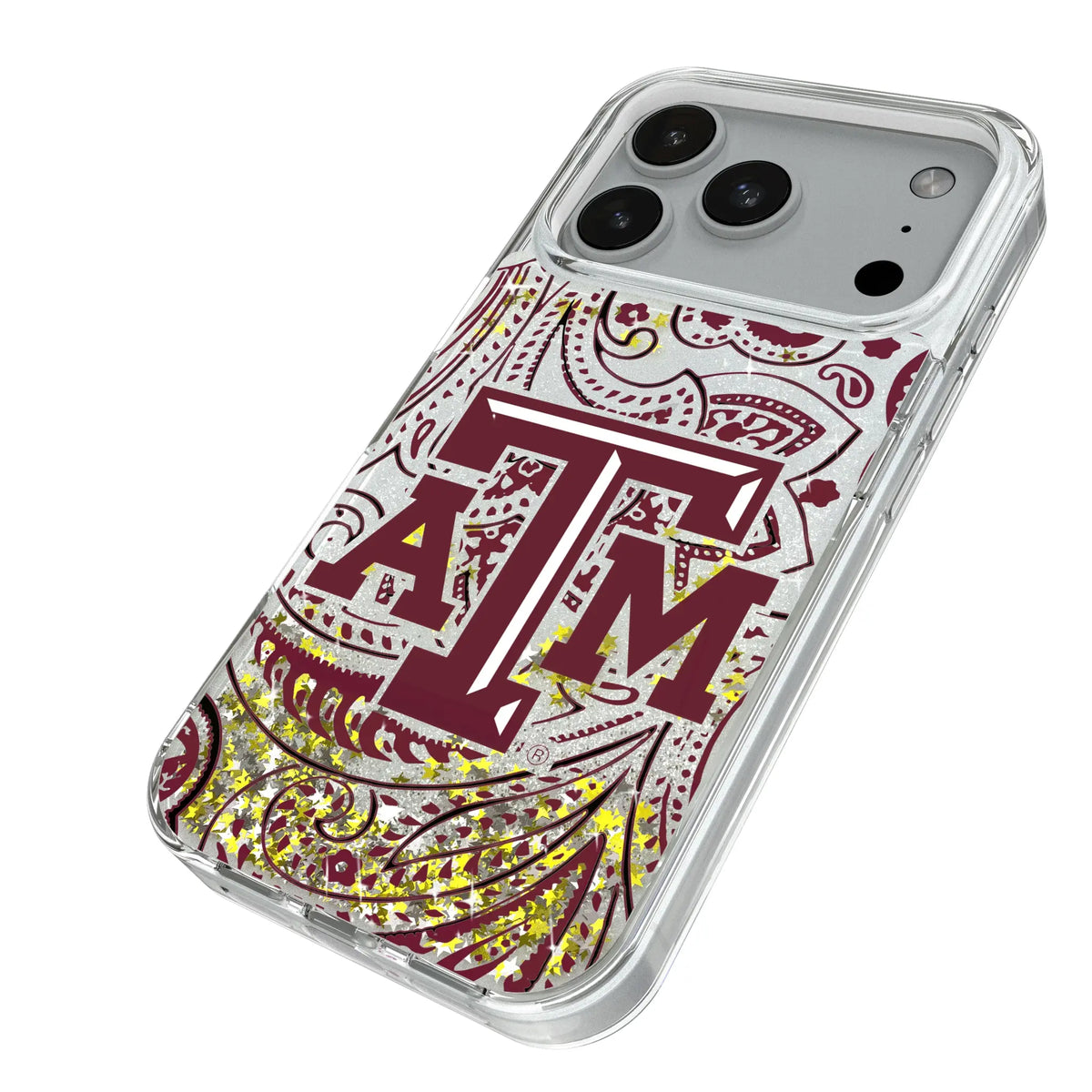 Texas A&M University Aggies Paisley iPhone Glitter Phone Case for Apple iPhone - Isometric View#Device_iPhone 18 Pro