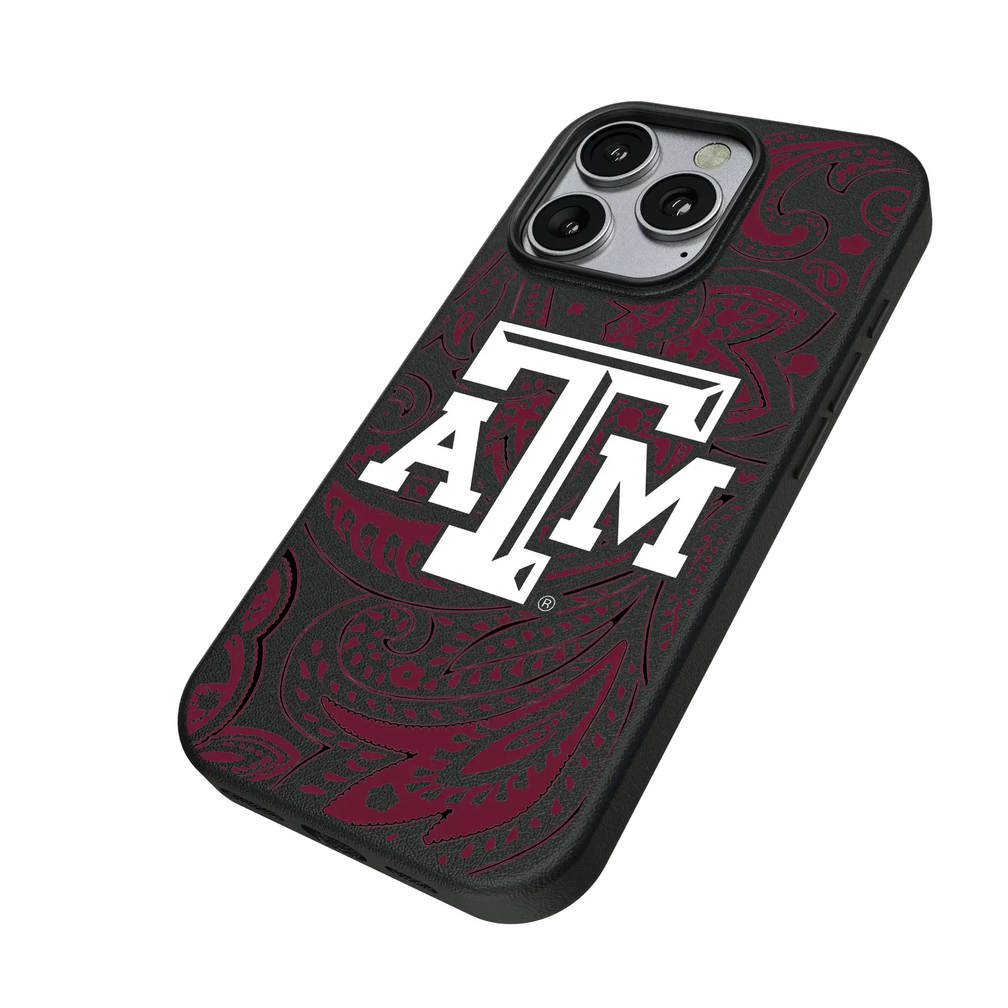 Texas A&M University Aggies Paisley iPhone MagSafe Compatible Phone Case for Apple iPhone - Isometric View