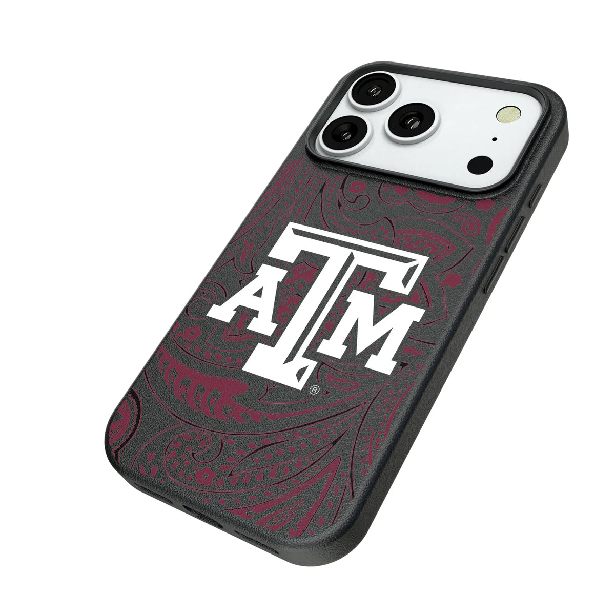 Texas A&M University Aggies Paisley iPhone MagSafe Compatible Phone Case for Apple iPhone - Isometric View#Device_iPhone 18 Pro