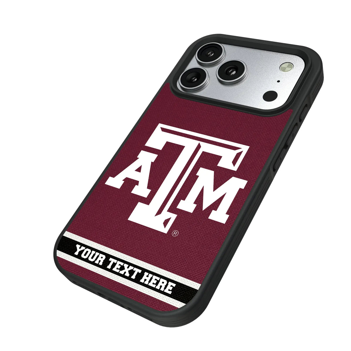 Texas A&M University Aggies Personalized Stripe iPhone Bump Phone Case for Apple iPhone - Isometric View#Device_iPhone 17 Pro