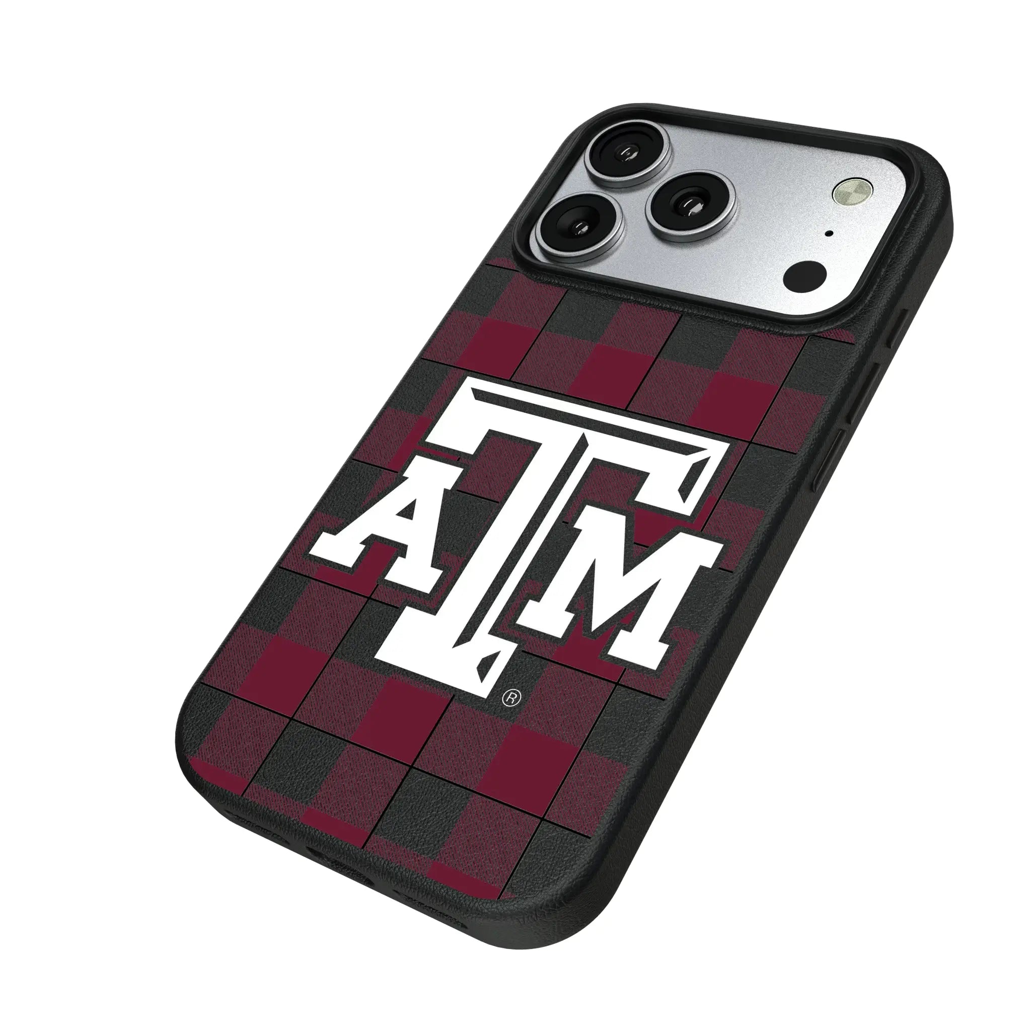 Texas A&M University Aggies Plaid iPhone MagSafe Compatible Phone Case for Apple iPhone - Isometric View#Device_iPhone 17 Pro