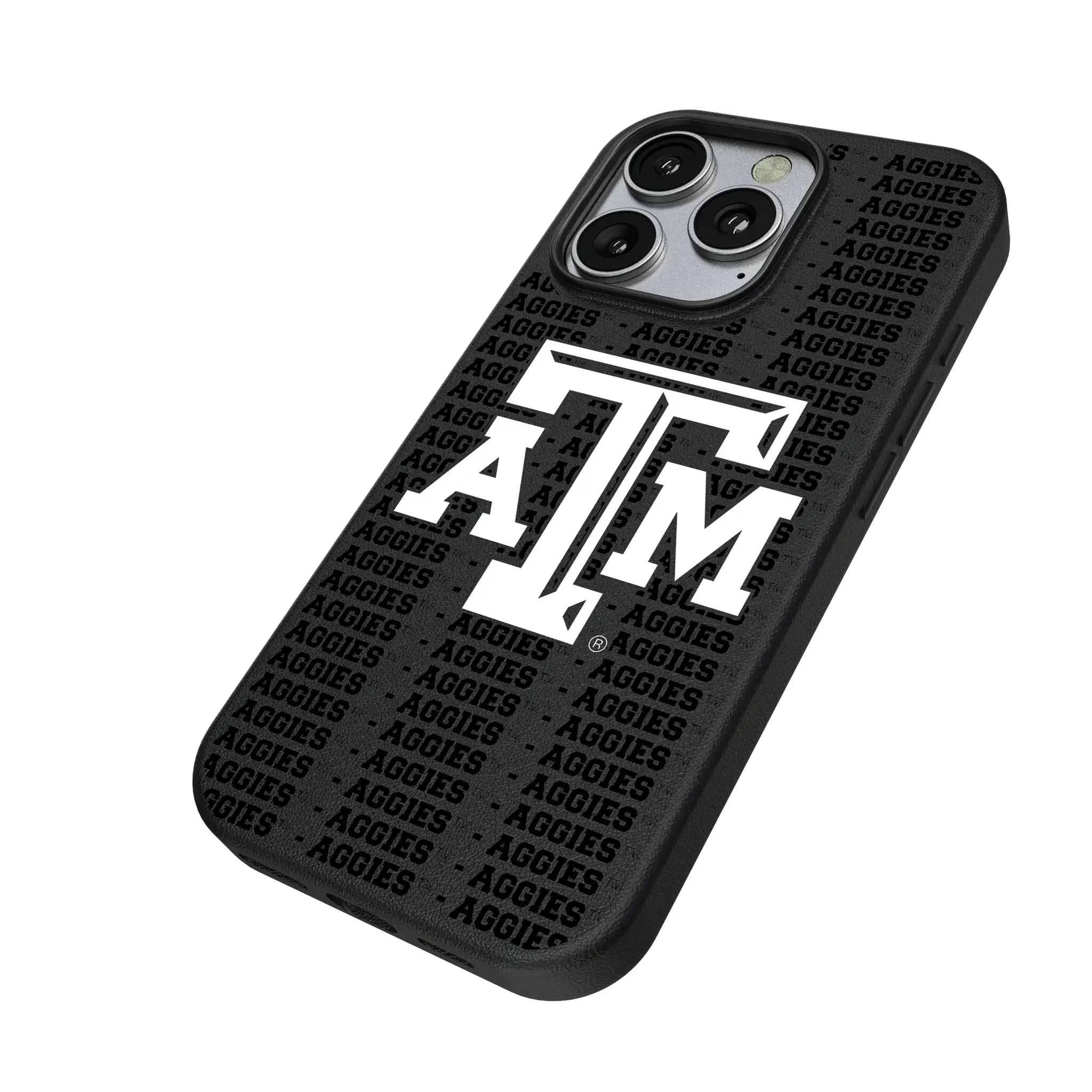 Texas A&M University Aggies Text Backdrop iPhone MagSafe Compatible Phone Case for Apple iPhone - Isometric View