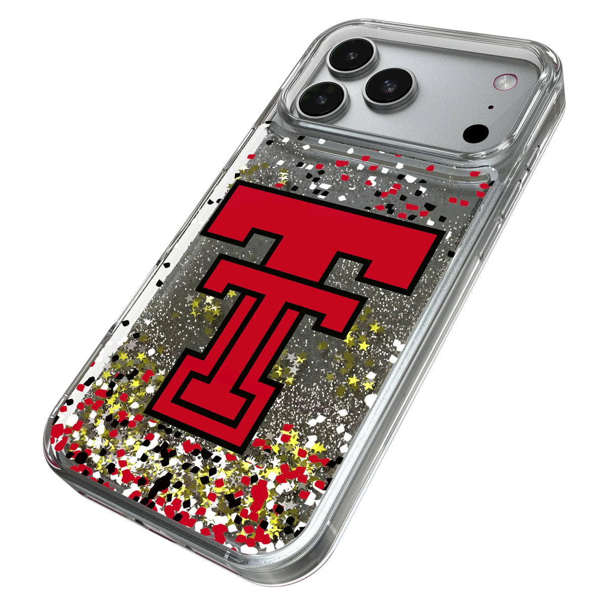 Texas Tech Red Raiders Confetti iPhone Glitter Phone Case for Apple iPhone - Isometric View#Device_iPhone 17 Pro Max