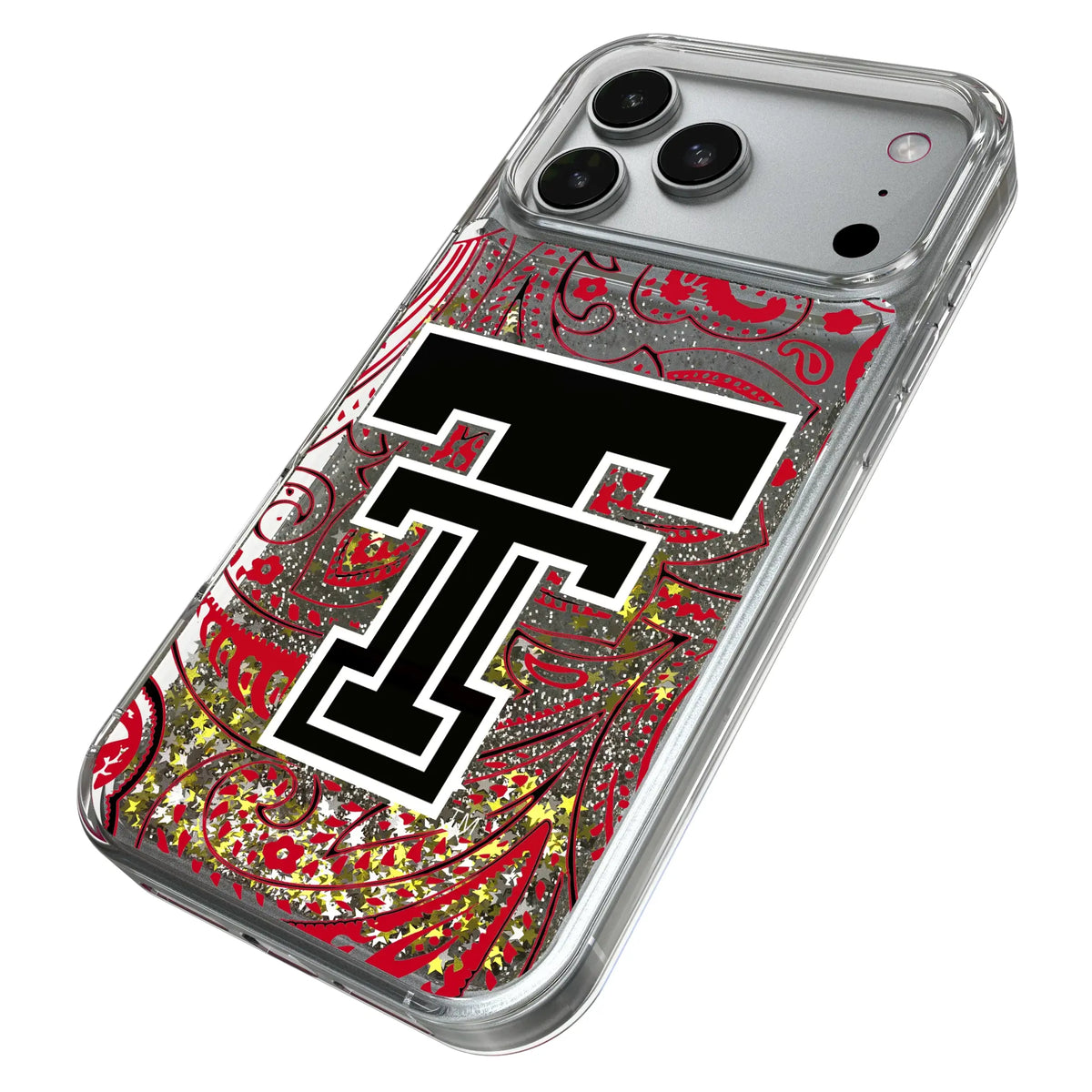 Texas Tech Red Raiders Paisley iPhone Glitter Phone Case for Apple iPhone - Isometric View#Device_iPhone 17 Pro Max