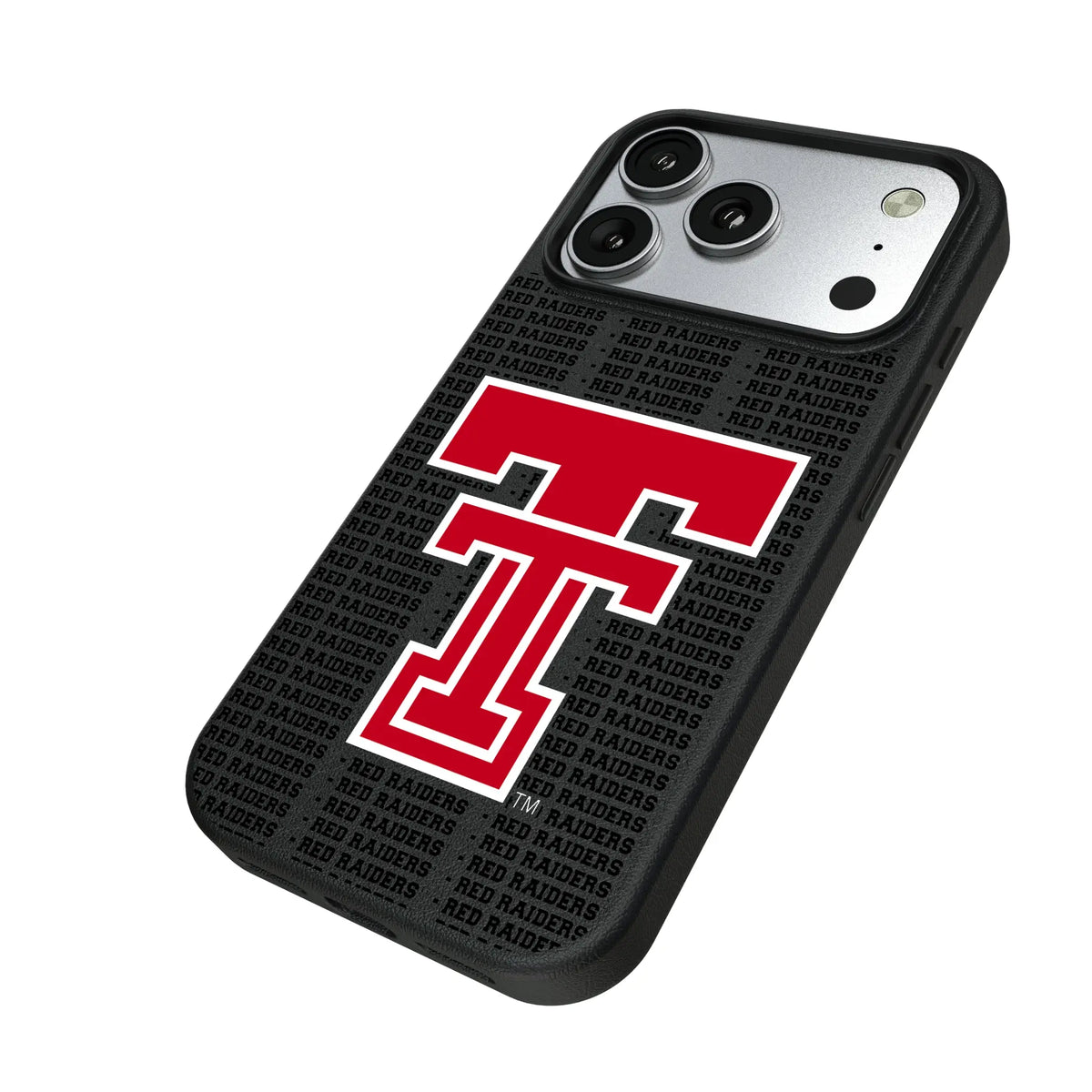Texas Tech Red Raiders Text Backdrop iPhone MagSafe Compatible Phone Case for Apple iPhone - Isometric View#Device_iPhone 17 Pro