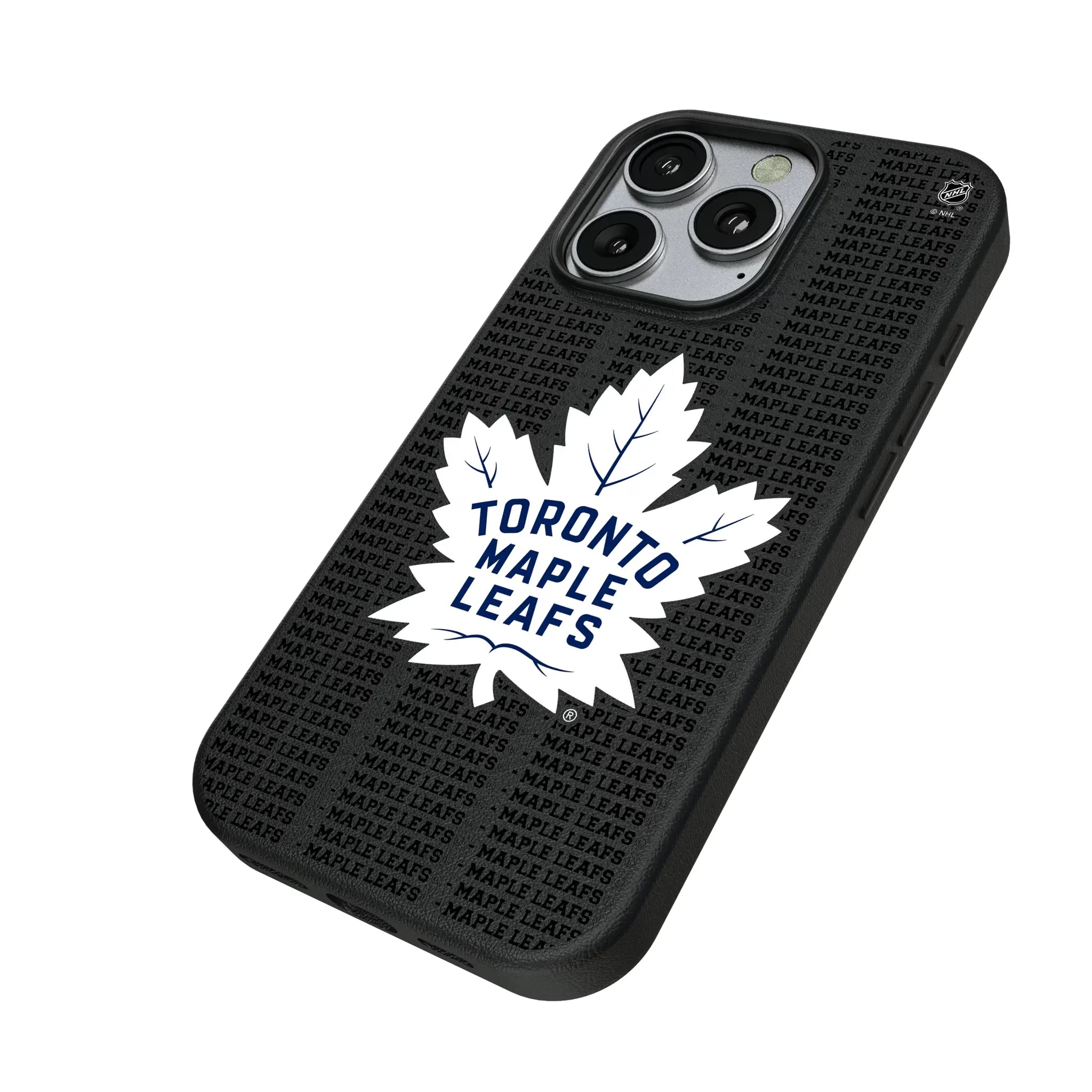 Toronto Maple Leafs Text Backdrop iPhone MagSafe Compatible Phone Case for Apple iPhone - Isometric View