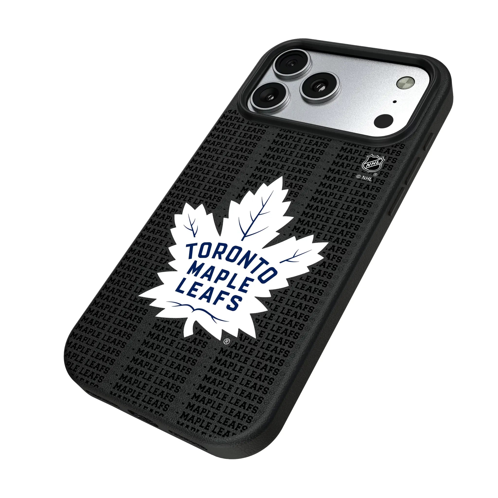 Toronto Maple Leafs Text Backdrop iPhone MagSafe Compatible Phone Case for Apple iPhone - Isometric View#Device_iPhone 17 Pro Max