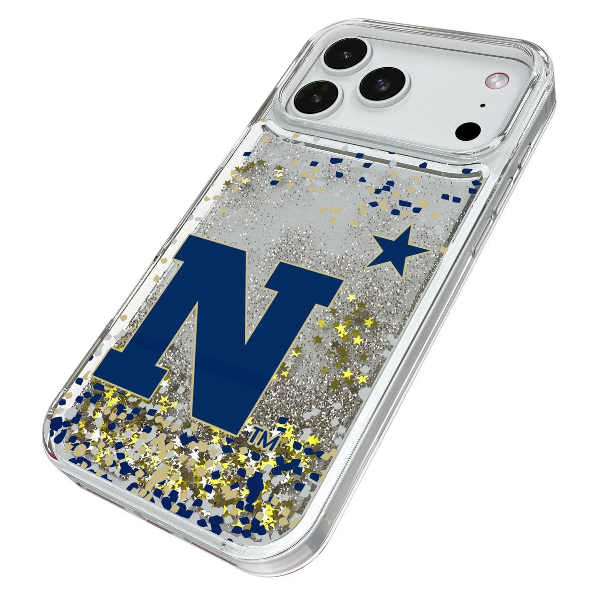 United State Naval Academy Midshipmen Confetti iPhone Glitter Phone Case for Apple iPhone - Isometric View#Device_iPhone 18 Pro Max