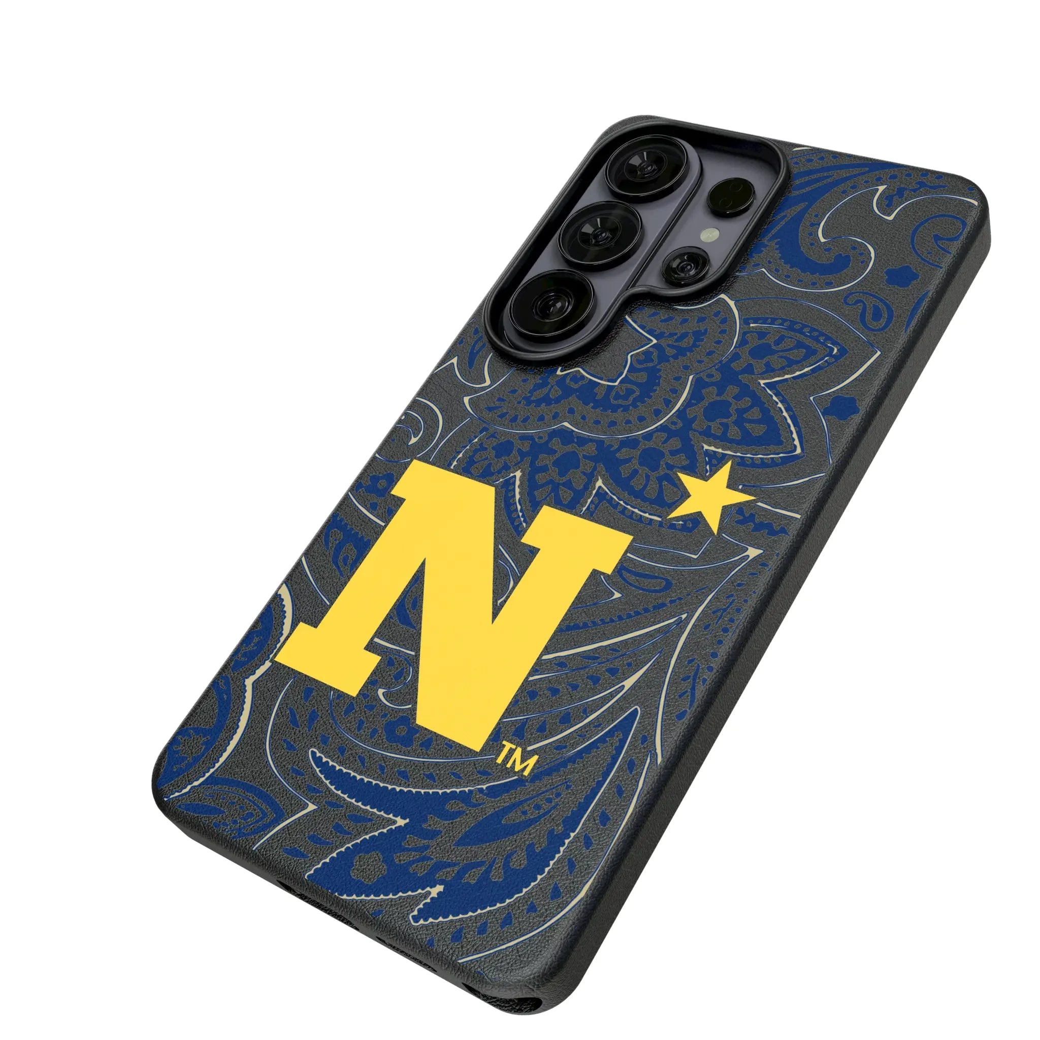 United State Naval Academy Midshipmen Paisley Galaxy MagSafe Compatible Phone Case for Samsung Galaxy - Isometric View#Device_Galaxy S26 Ultra