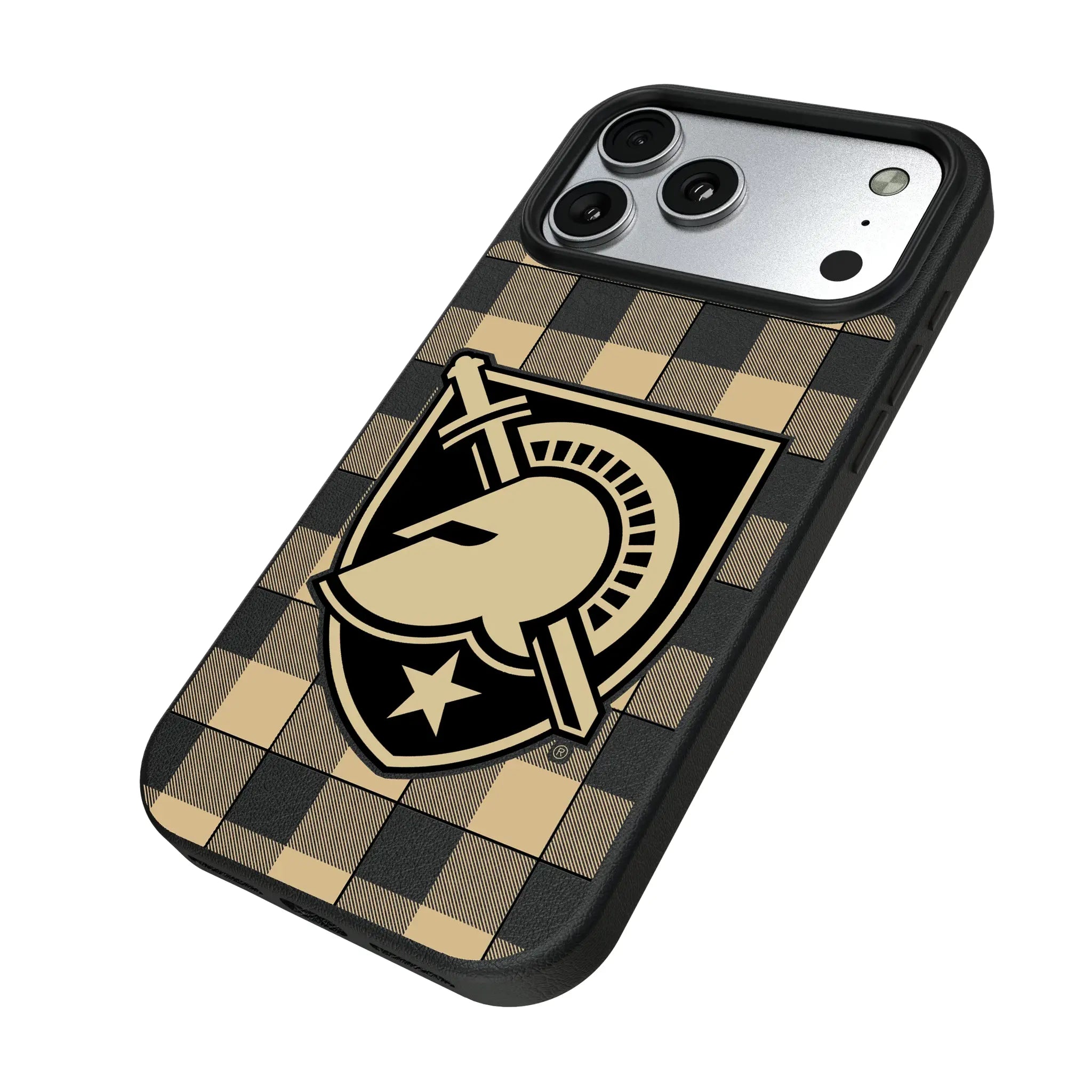 United States Military Academy Black Knights Plaid iPhone MagSafe Compatible Phone Case for Apple iPhone - Isometric View#Device_iPhone 17 Pro Max