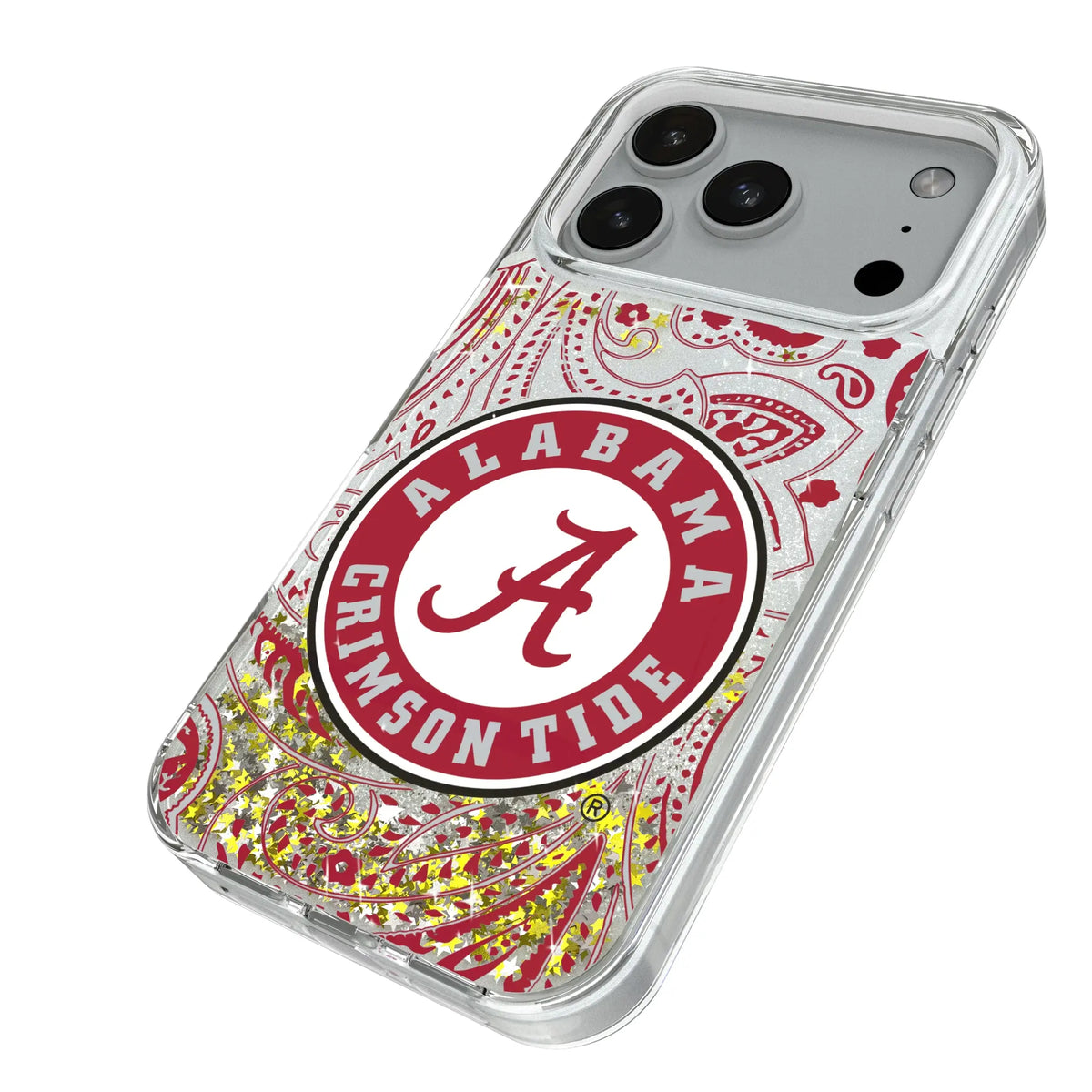 University of Alabama Crimson Tide Paisley iPhone Glitter Phone Case for Apple iPhone - Isometric View#Device_iPhone 18 Pro