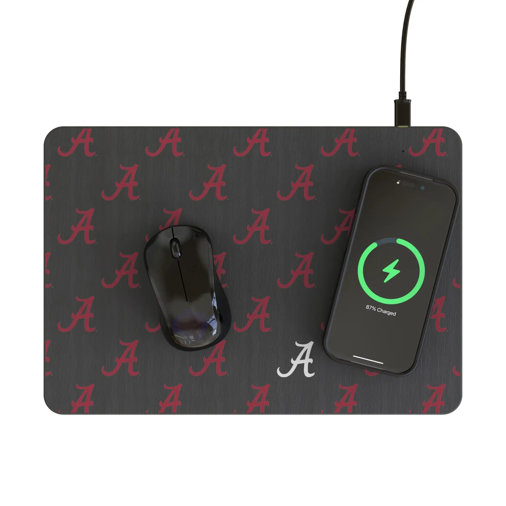 University of Alabama Crimson Tide Script A Fashion Pattern 15-Watt Wireless Charger and Mouse Pad - Lifestyle