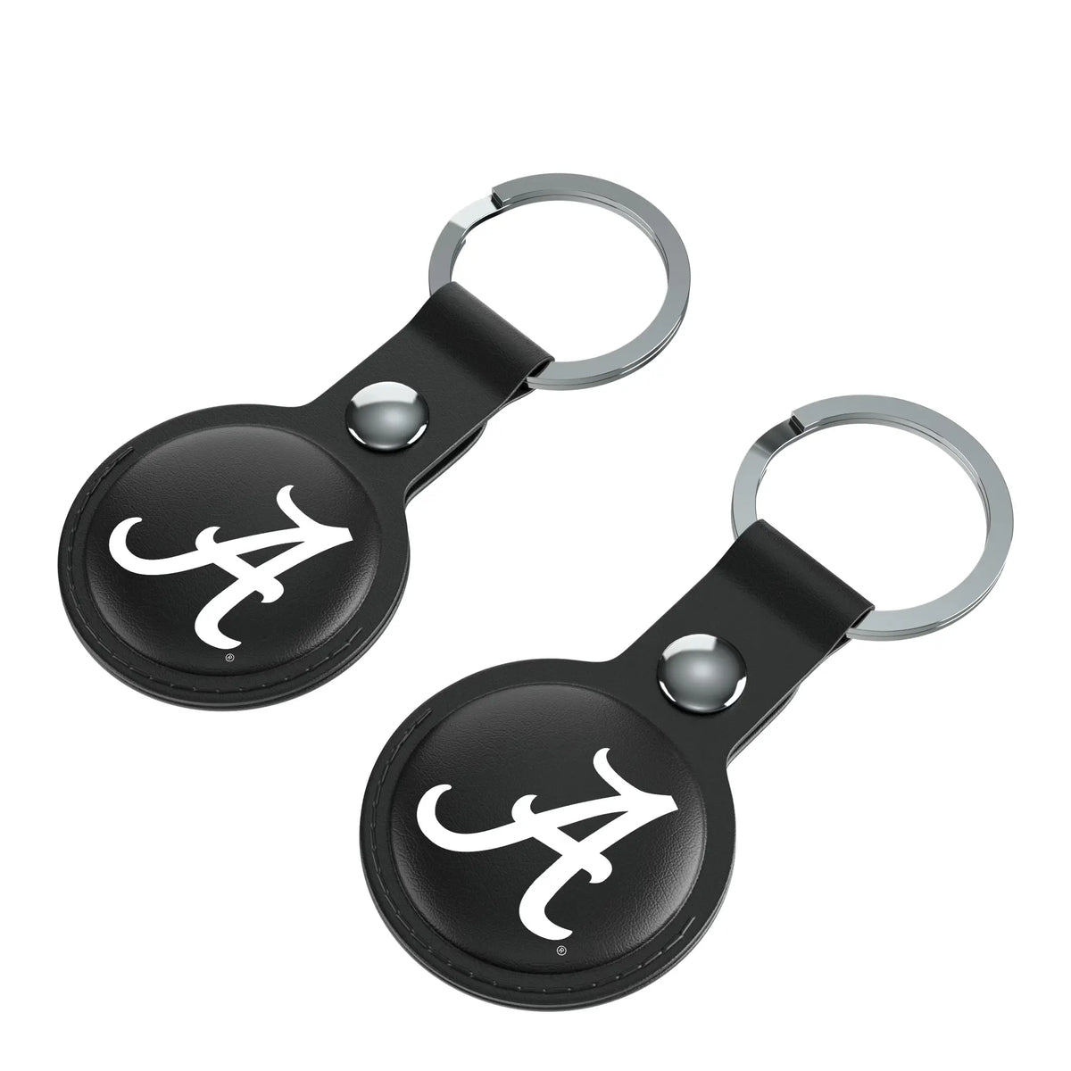 University of Alabama Crimson Tide Script A Insignia AirTag Black Airtag Holder 2-Pack - Isometric View