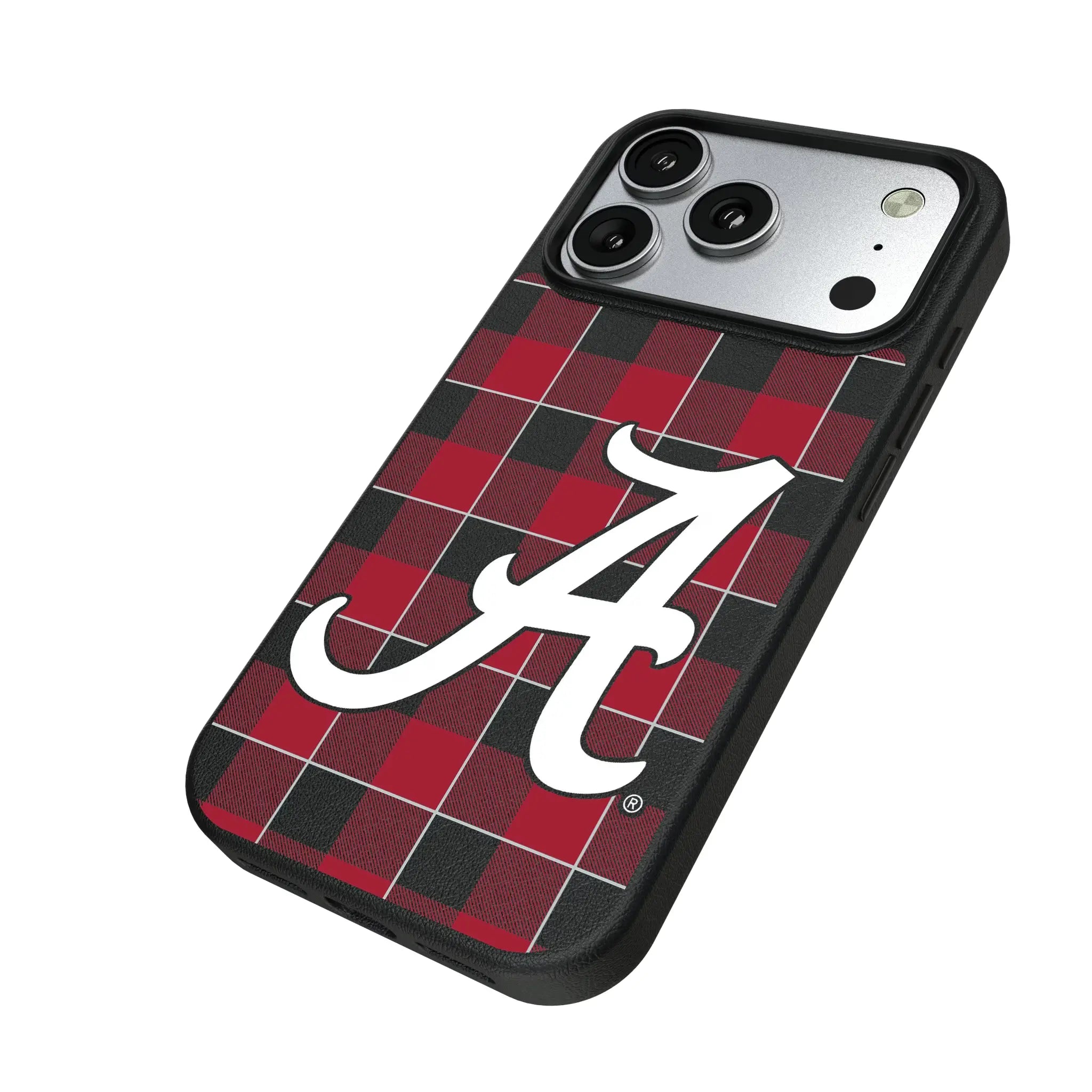 University of Alabama Crimson Tide Script A Plaid iPhone MagSafe Compatible Phone Case for Apple iPhone - Isometric View#Device_iPhone 17 Pro