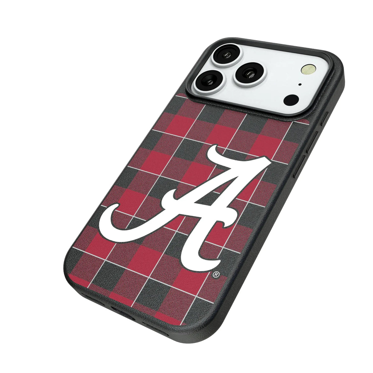 University of Alabama Crimson Tide Script A Plaid iPhone MagSafe Compatible Phone Case for Apple iPhone - Isometric View#Device_iPhone 18 Pro