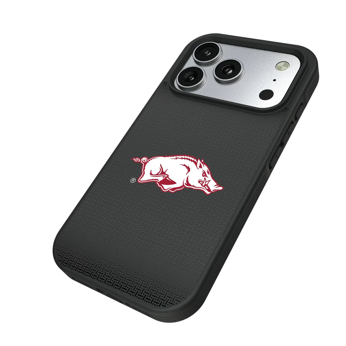 University of Arkansas Fayetteville Razorbacks Linen iPhone Bump Phone Case for Apple iPhone - Isometric View#Device_iPhone 17 Pro