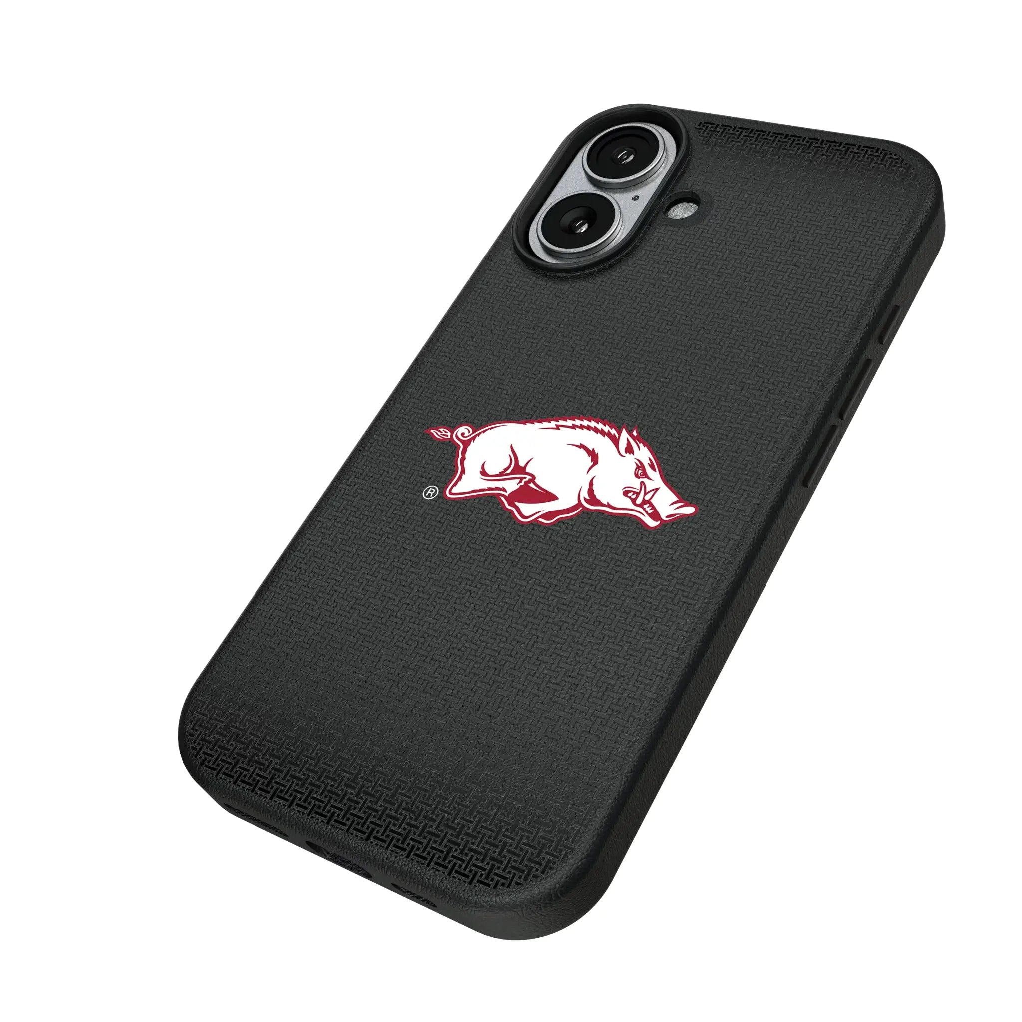 University of Arkansas Fayetteville Razorbacks Linen iPhone MagSafe Compatible Phone Case for Apple iPhone - Isometric View#Device_iPhone 17