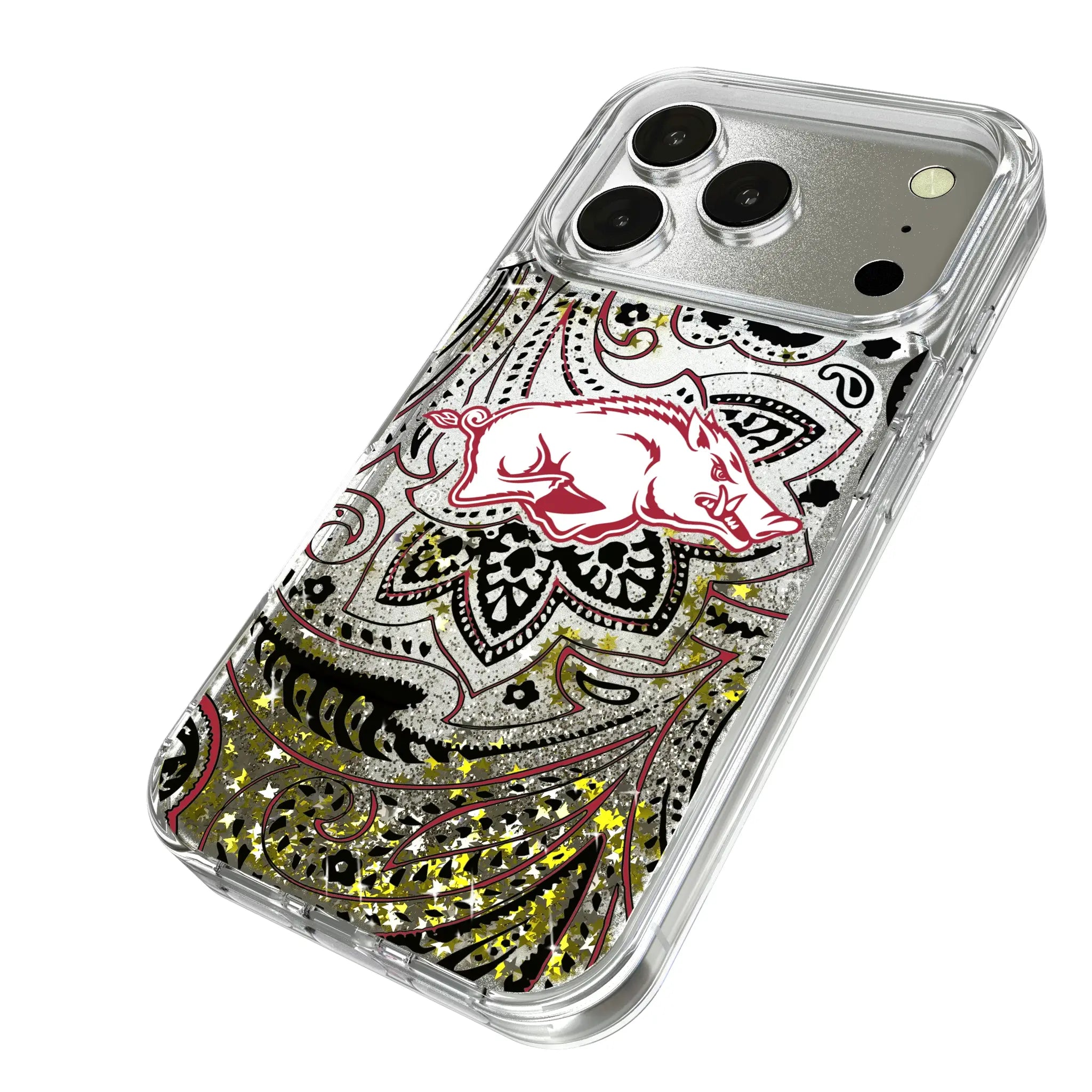 University of Arkansas Fayetteville Razorbacks Paisley iPhone Glitter Phone Case for Apple iPhone - Isometric View