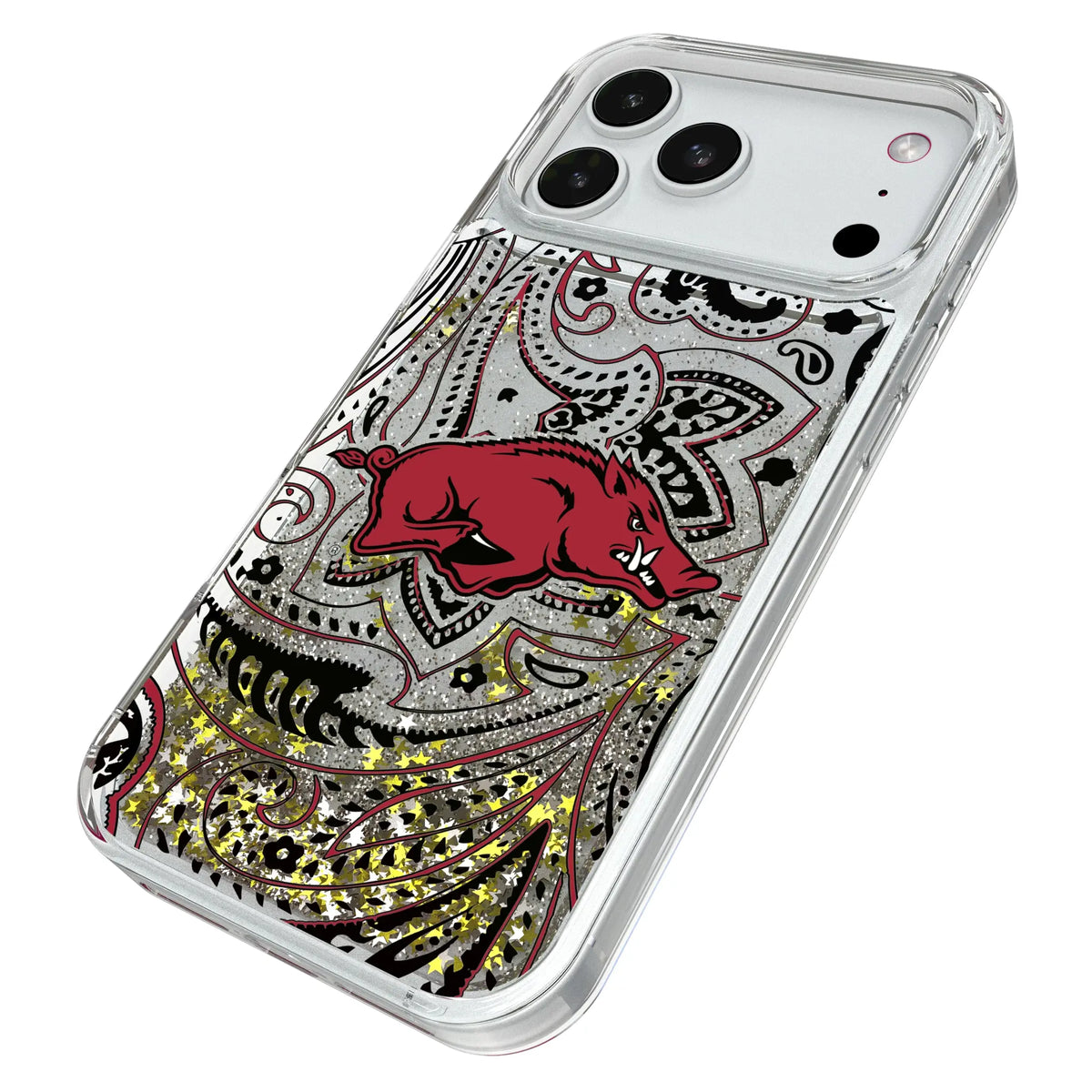 University of Arkansas Fayetteville Razorbacks Paisley iPhone Glitter Phone Case for Apple iPhone - Isometric View#Device_iPhone 18 Pro Max