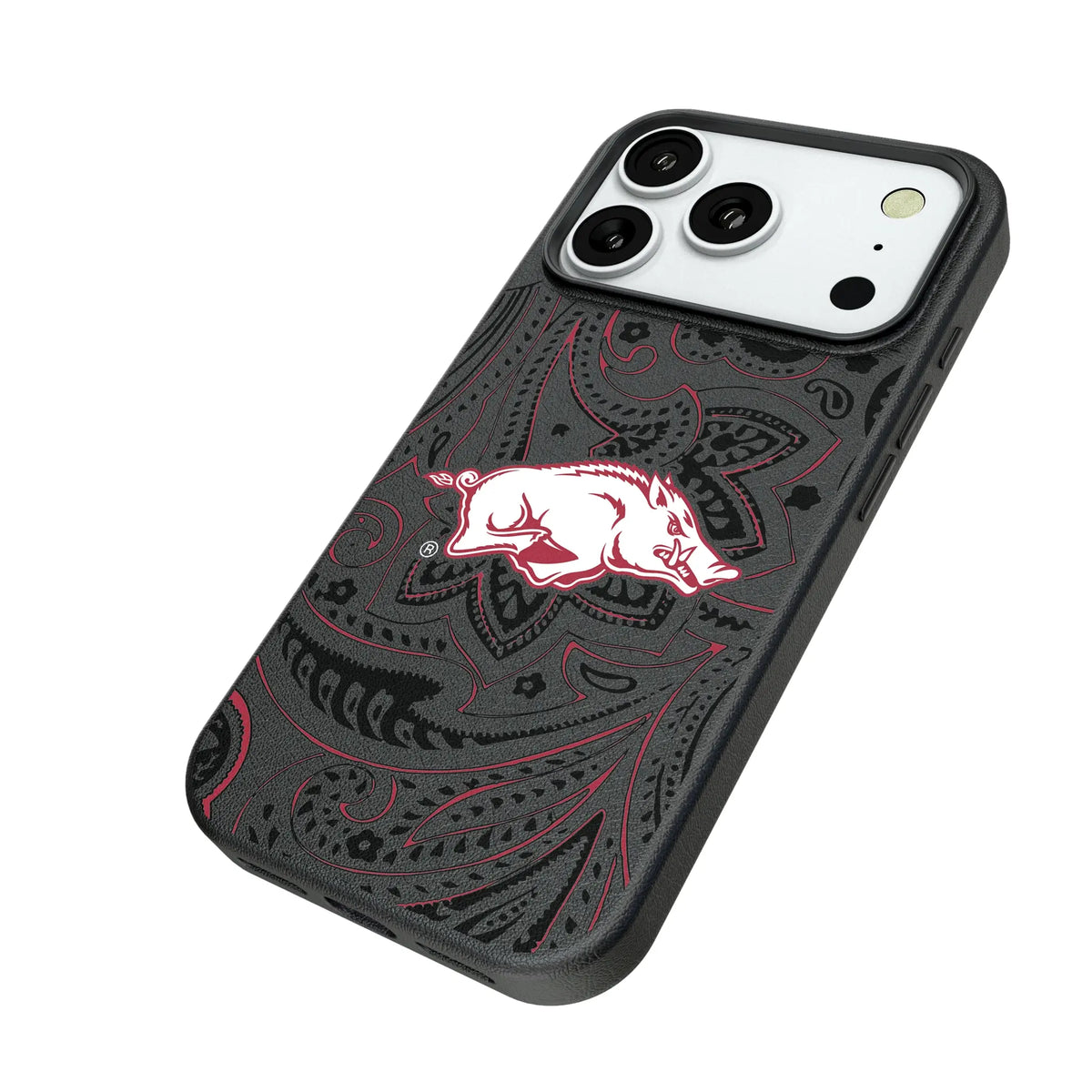 University of Arkansas Fayetteville Razorbacks Paisley iPhone MagSafe Compatible Phone Case for Apple iPhone - Isometric View#Device_iPhone 18 Pro