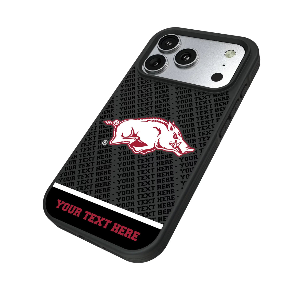 University of Arkansas Fayetteville Razorbacks Personalized EndZone Plus iPhone Bump Phone Case for Apple iPhone - Isometric View#Device_iPhone 17 Pro