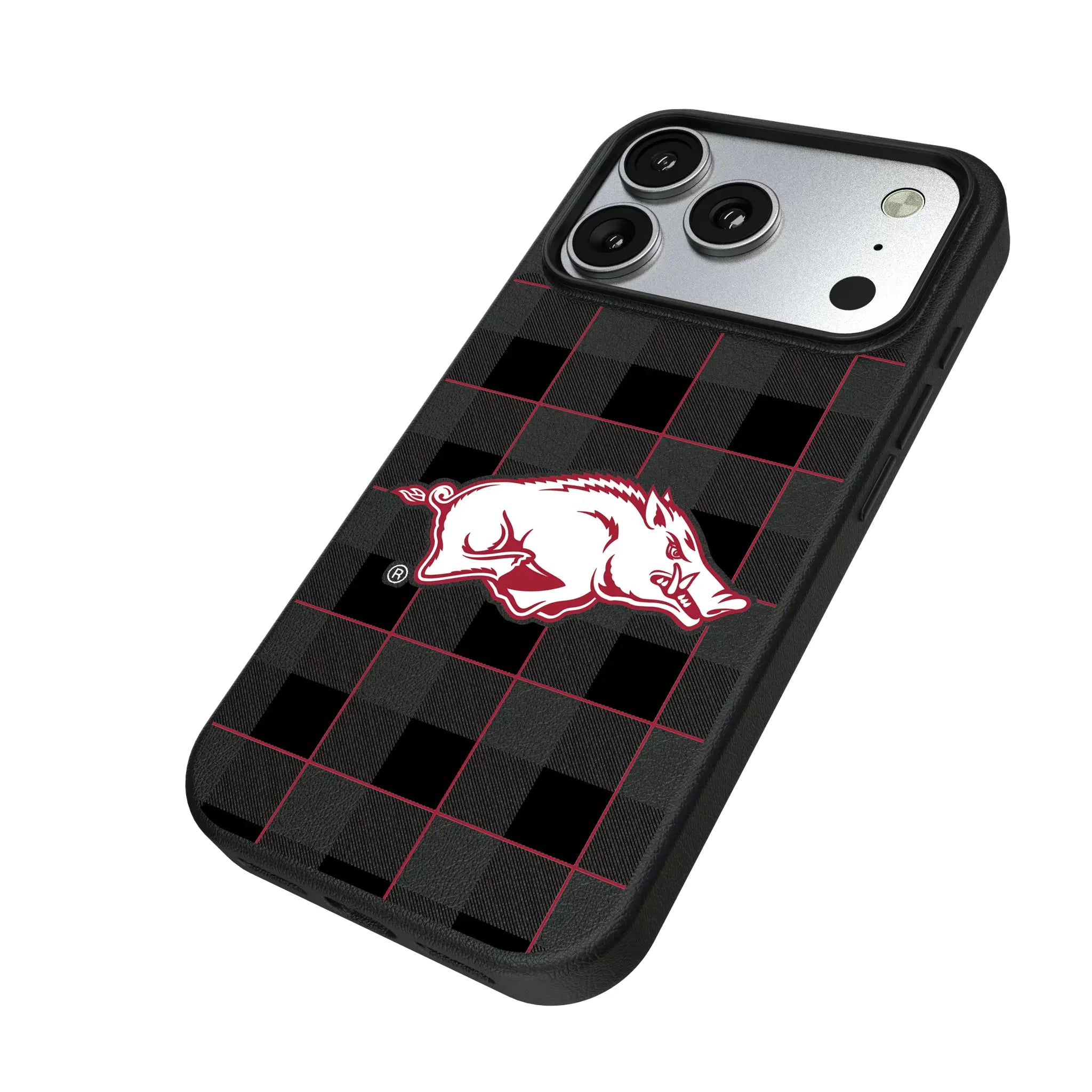 University of Arkansas Fayetteville Razorbacks Plaid iPhone MagSafe Compatible Phone Case for Apple iPhone - Isometric View#Device_iPhone 17 Pro