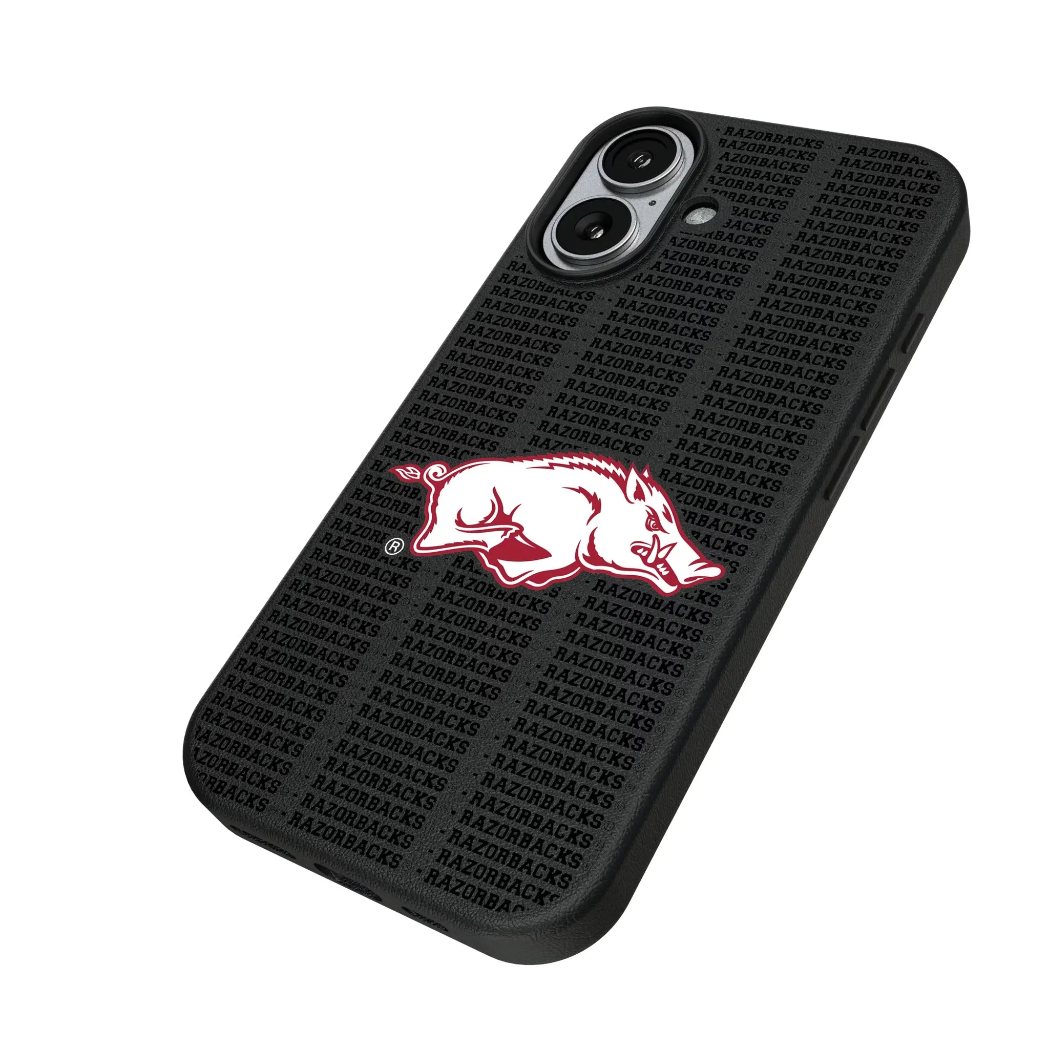 University of Arkansas Fayetteville Razorbacks Text Backdrop iPhone MagSafe Compatible Phone Case for Apple iPhone - Isometric View#Device_iPhone 17
