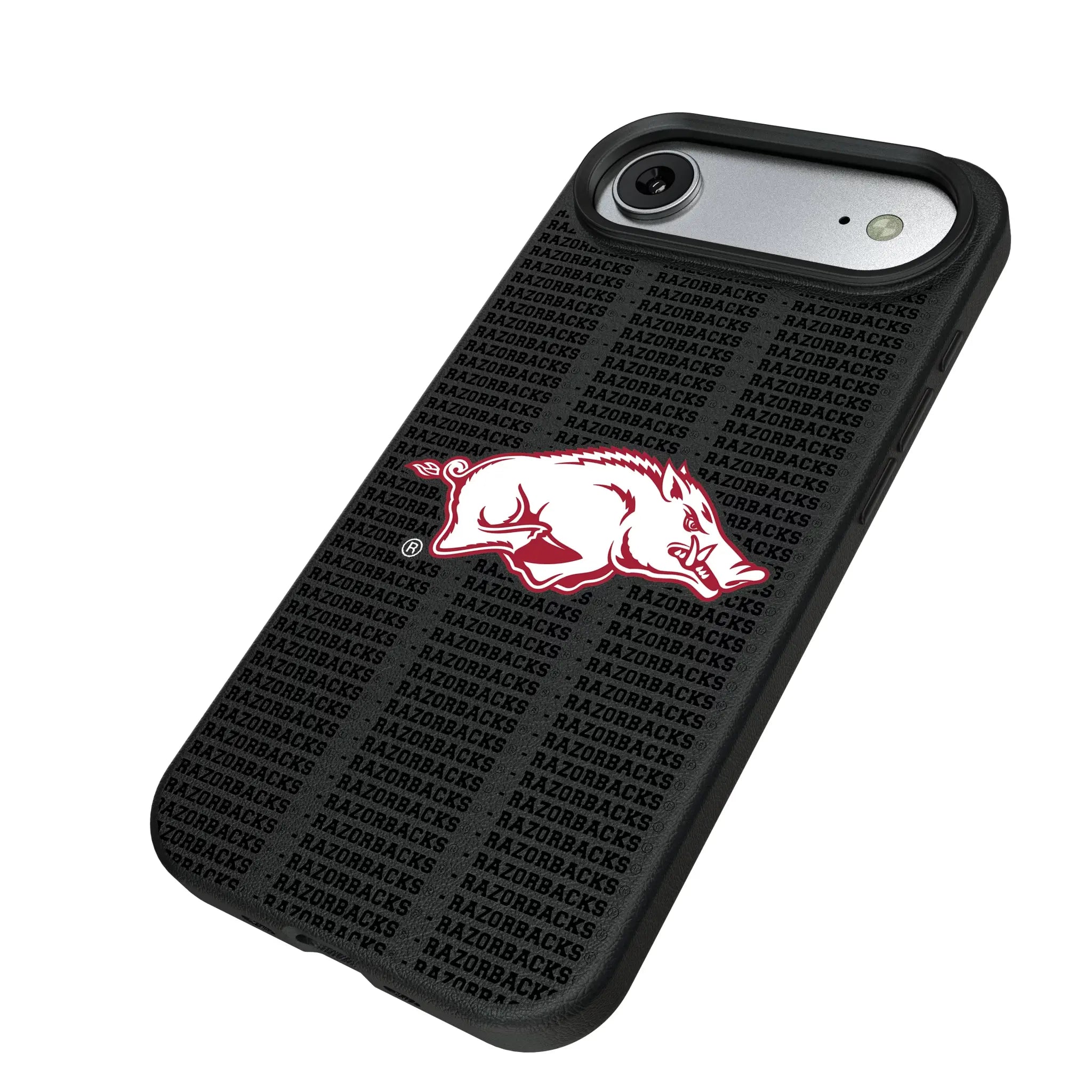 University of Arkansas Fayetteville Razorbacks Text Backdrop iPhone MagSafe Compatible Phone Case for Apple iPhone - Isometric View#Device_iPhone Air