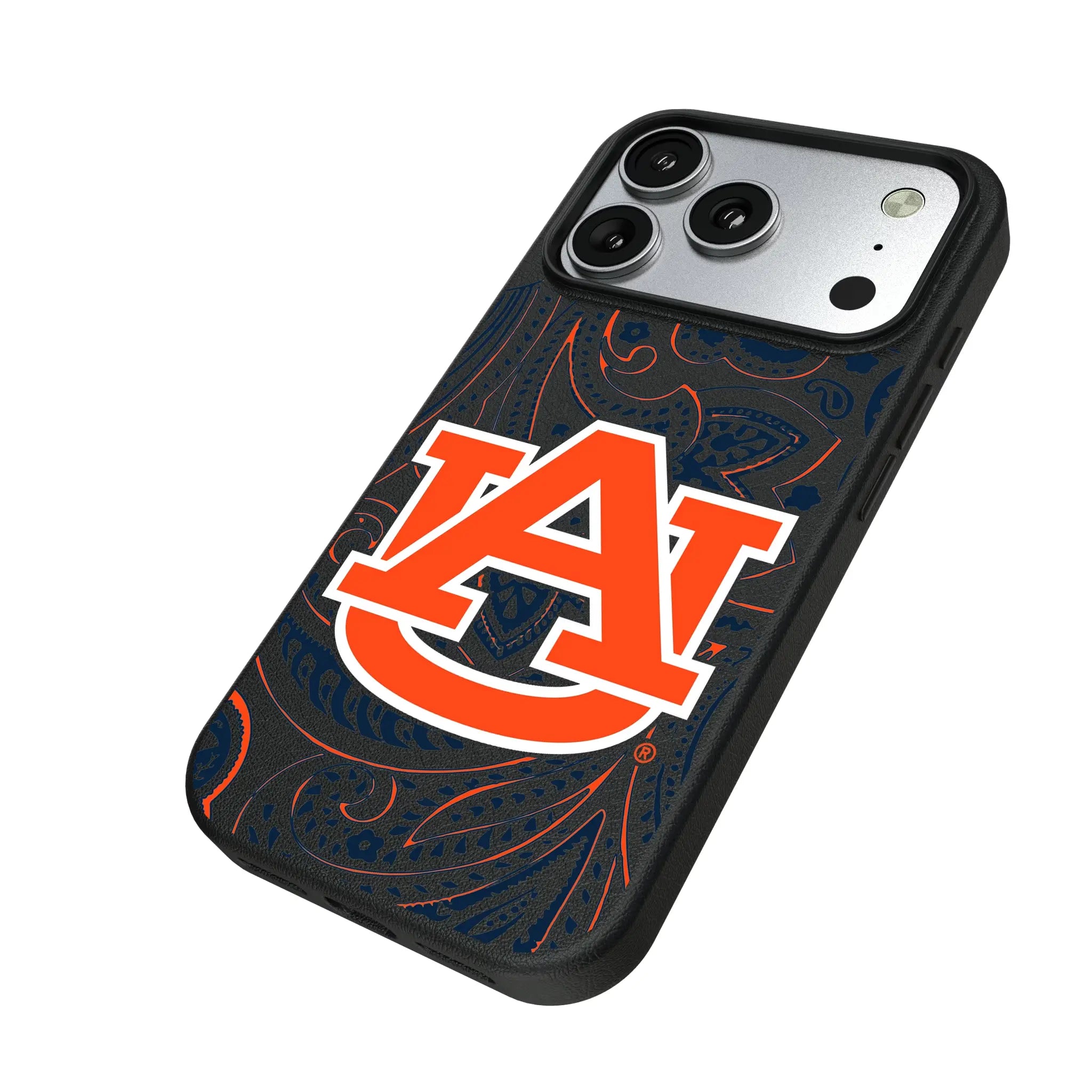 University of Auburn Tigers Paisley iPhone MagSafe Compatible Phone Case for Apple iPhone - Isometric View#Device_iPhone 17 Pro