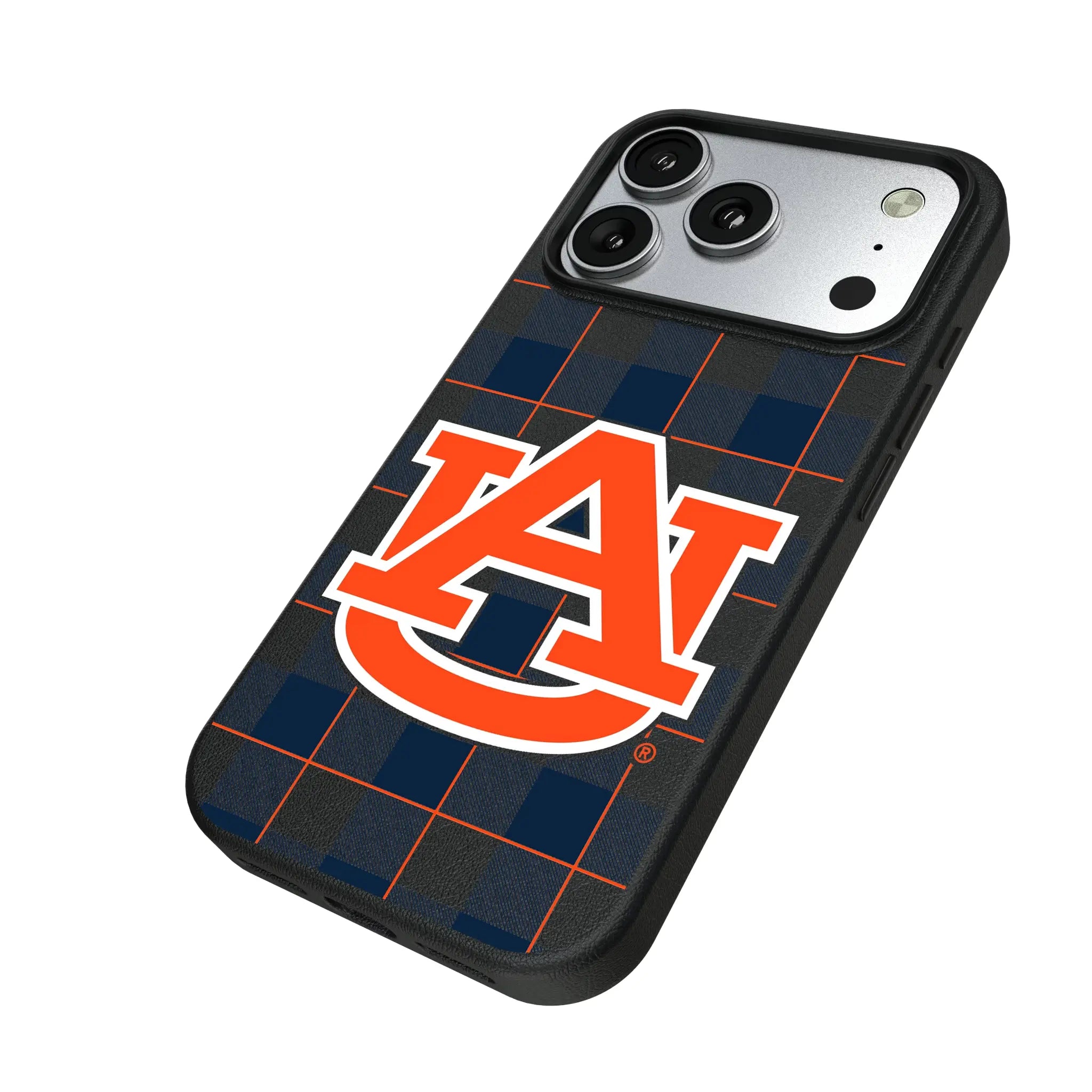 University of Auburn Tigers Plaid iPhone MagSafe Compatible Phone Case for Apple iPhone - Isometric View#Device_iPhone 17 Pro