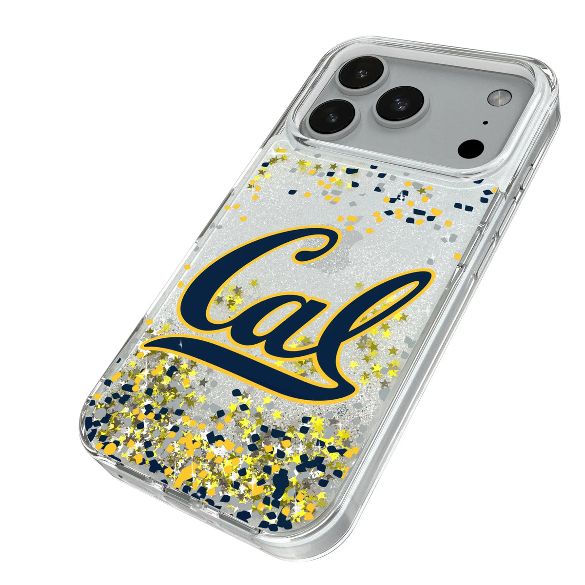 University of California Berkeley Golden Bears Confetti iPhone Glitter Phone Case for Apple iPhone - Isometric View#Device_iPhone 18 Pro