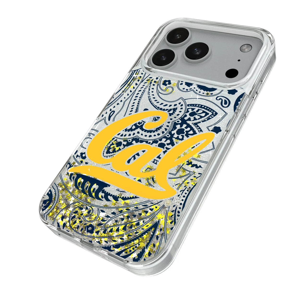 University of California Berkeley Golden Bears Paisley iPhone Glitter Phone Case for Apple iPhone - Isometric View#Device_iPhone 18 Pro