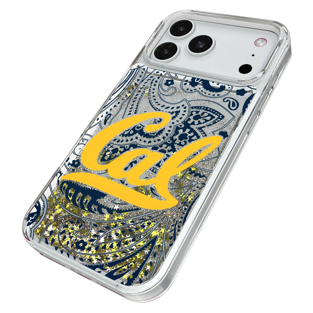 University of California Berkeley Golden Bears Paisley iPhone Glitter Phone Case for Apple iPhone - Isometric View#Device_iPhone 18 Pro Max