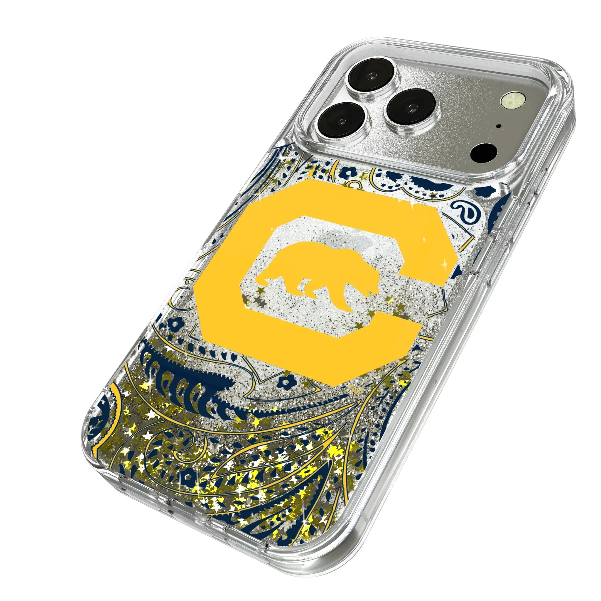University of California Berkeley Golden Bears Paisley iPhone Glitter Phone Case for Apple iPhone - Isometric View