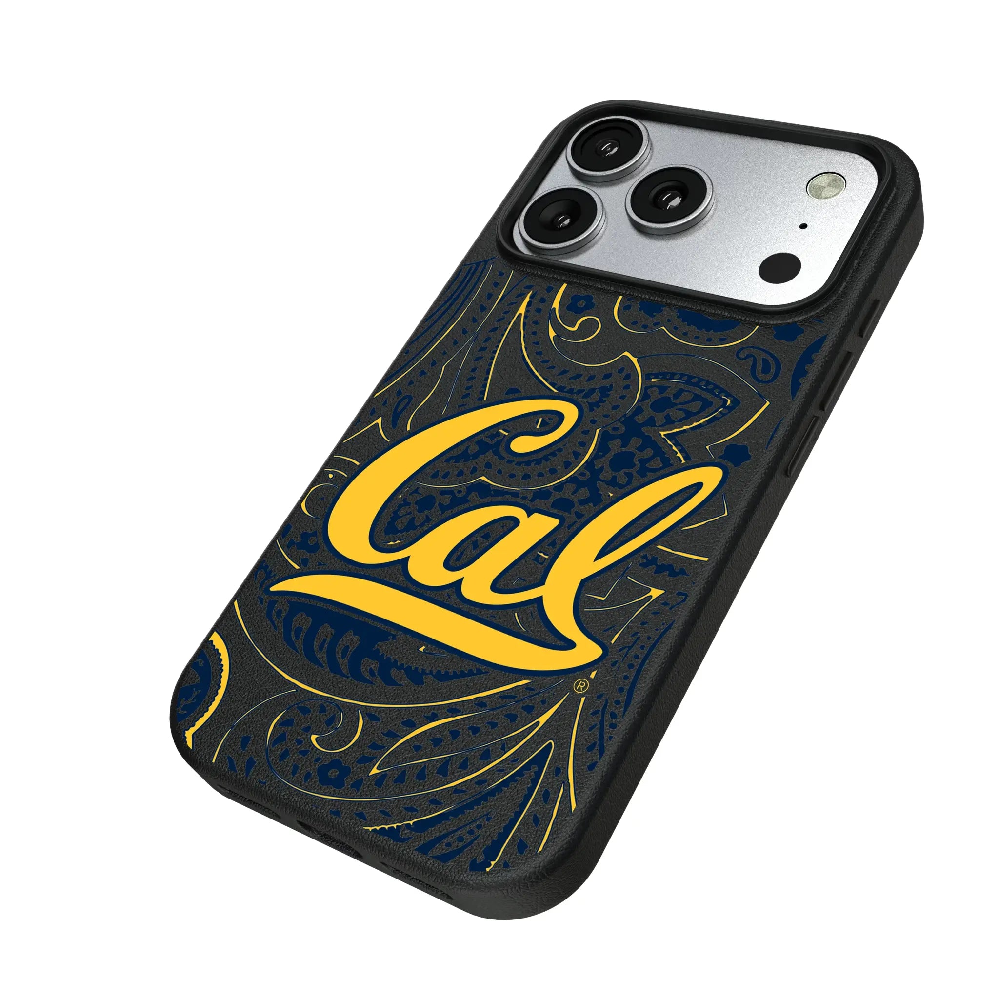 University of California Berkeley Golden Bears Paisley iPhone MagSafe Compatible Phone Case for Apple iPhone - Isometric View#Device_iPhone 17 Pro
