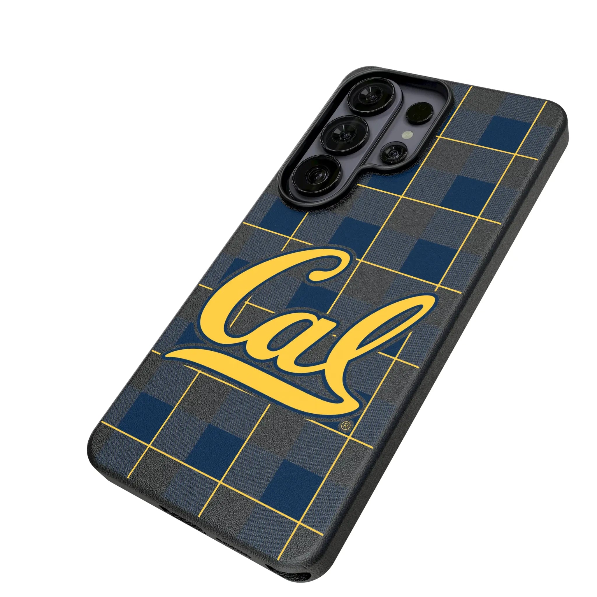 University of California Berkeley Golden Bears Plaid Galaxy MagSafe Compatible Phone Case for Samsung Galaxy - Isometric View#Device_Galaxy S26 Ultra