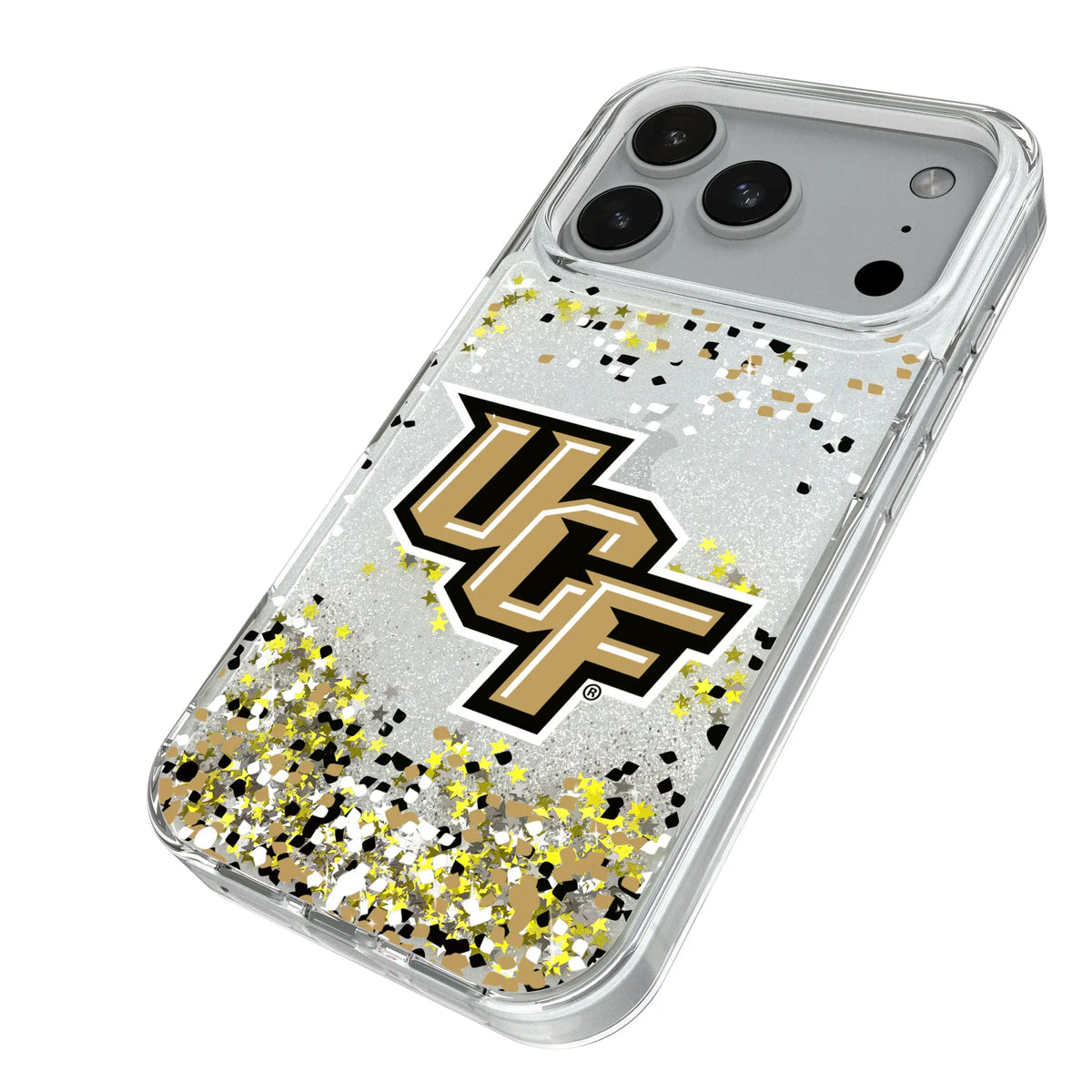 University of Central Florida Golden Knights Confetti iPhone Glitter Phone Case for Apple iPhone - Isometric View#Device_iPhone 18 Pro