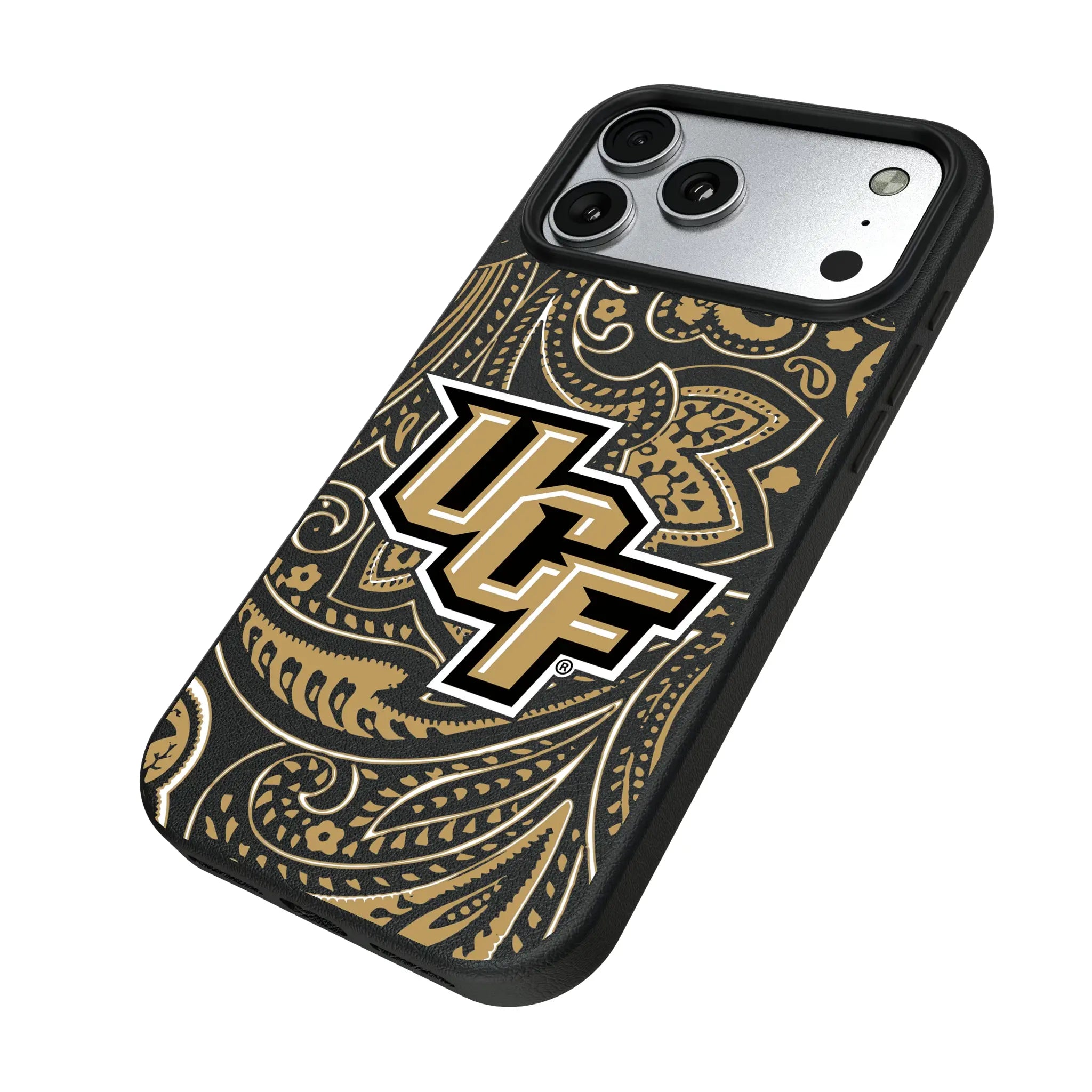 University of Central Florida Golden Knights Paisley iPhone MagSafe Compatible Phone Case for Apple iPhone - Isometric View#Device_iPhone 17 Pro Max