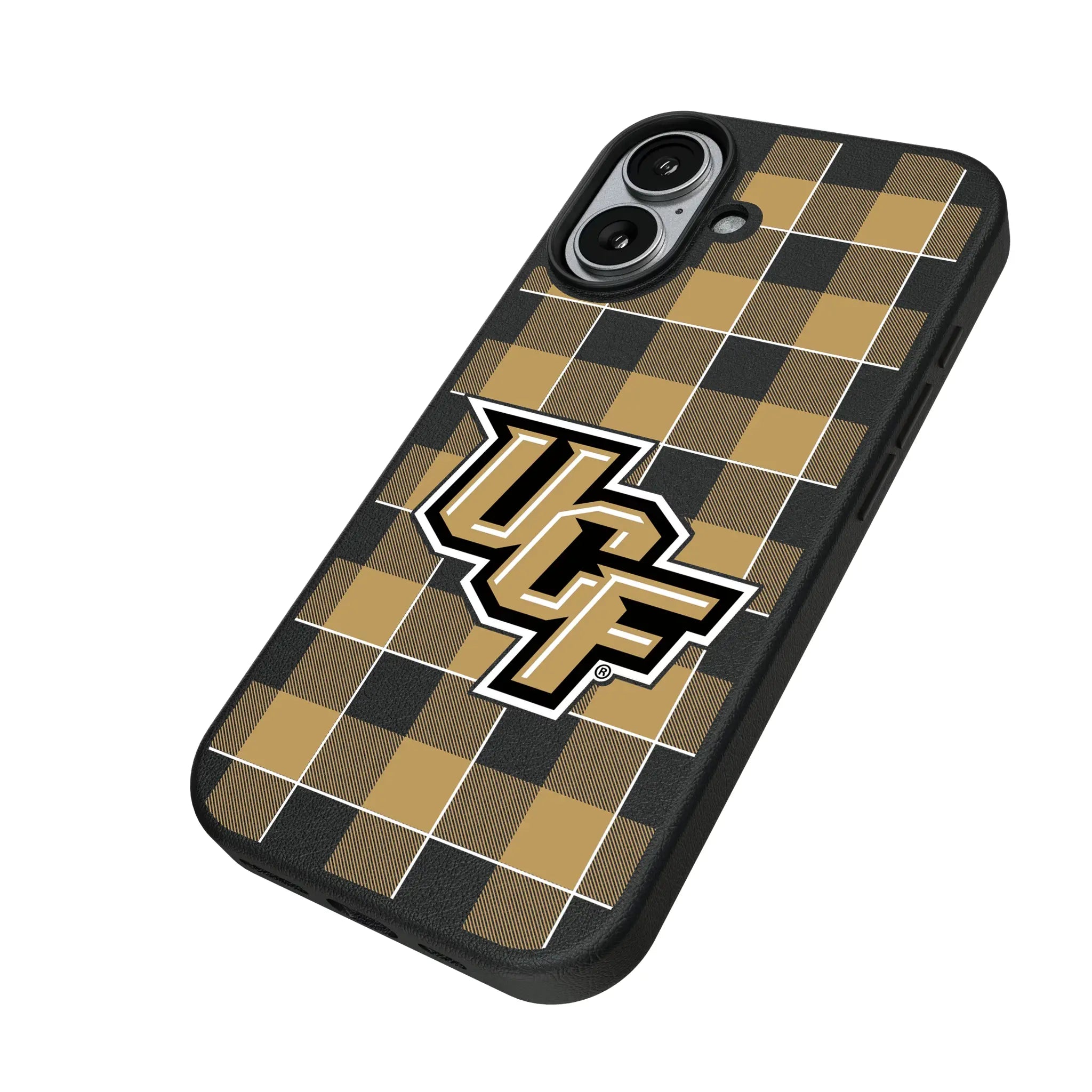 University of Central Florida Golden Knights Plaid iPhone MagSafe Compatible Phone Case for Apple iPhone - Isometric View#Device_iPhone 17