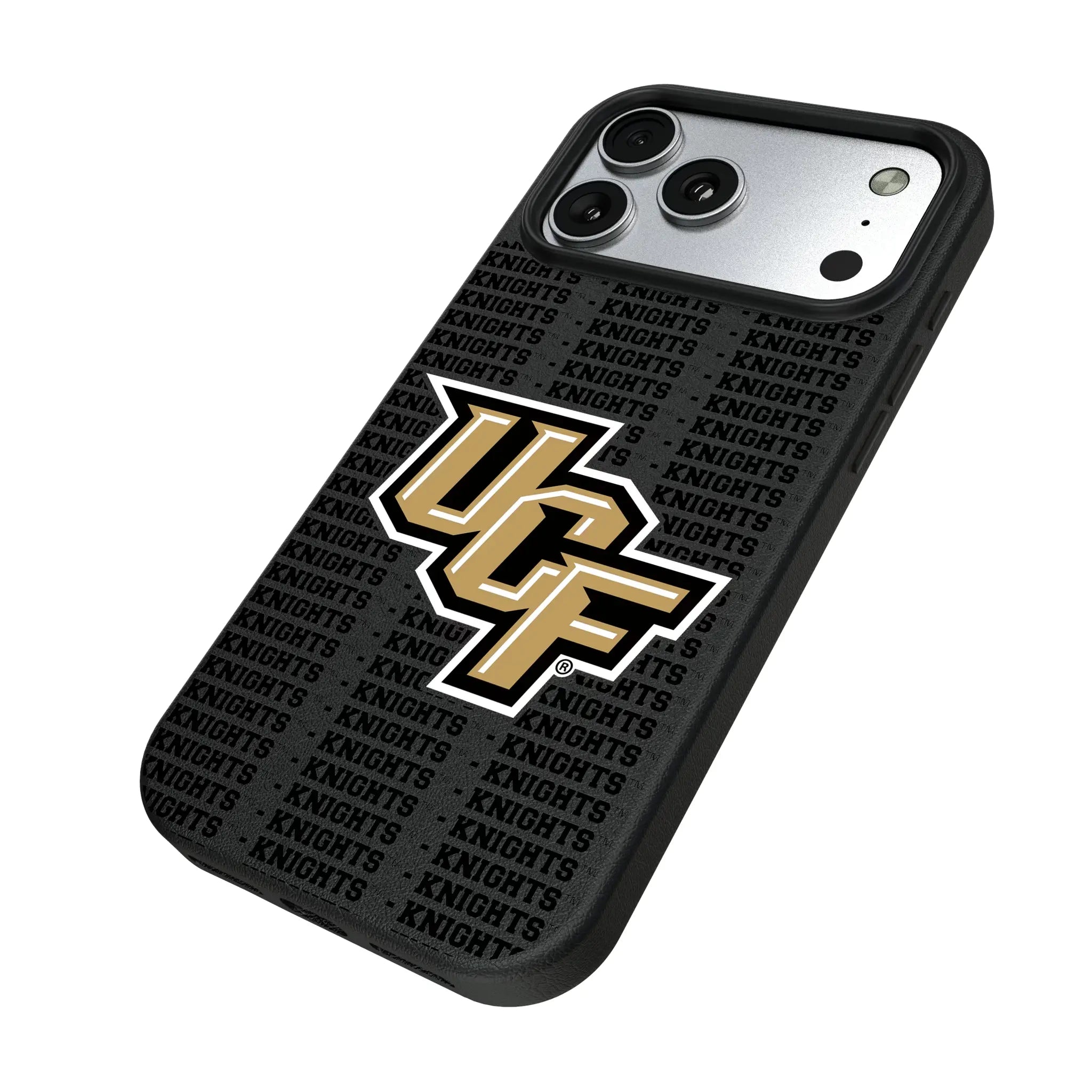 University of Central Florida Golden Knights Text Backdrop iPhone MagSafe Compatible Phone Case for Apple iPhone - Isometric View#Device_iPhone 17 Pro Max