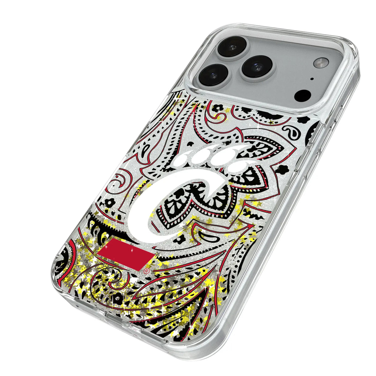 University of Cincinnati Bearcats Paisley iPhone Glitter Phone Case for Apple iPhone - Isometric View#Device_iPhone 18 Pro