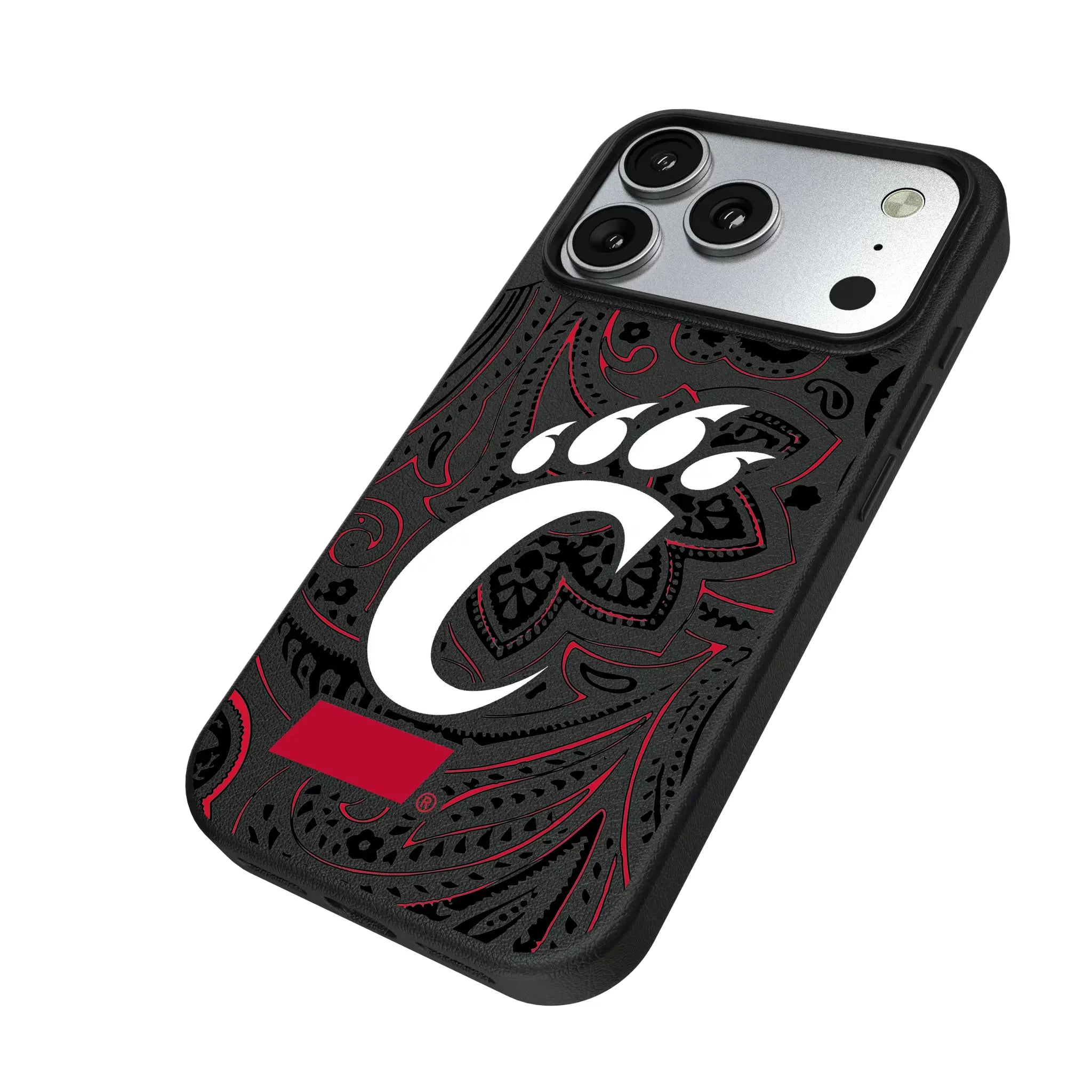 University of Cincinnati Bearcats Paisley iPhone MagSafe Compatible Phone Case for Apple iPhone - Isometric View#Device_iPhone 17 Pro