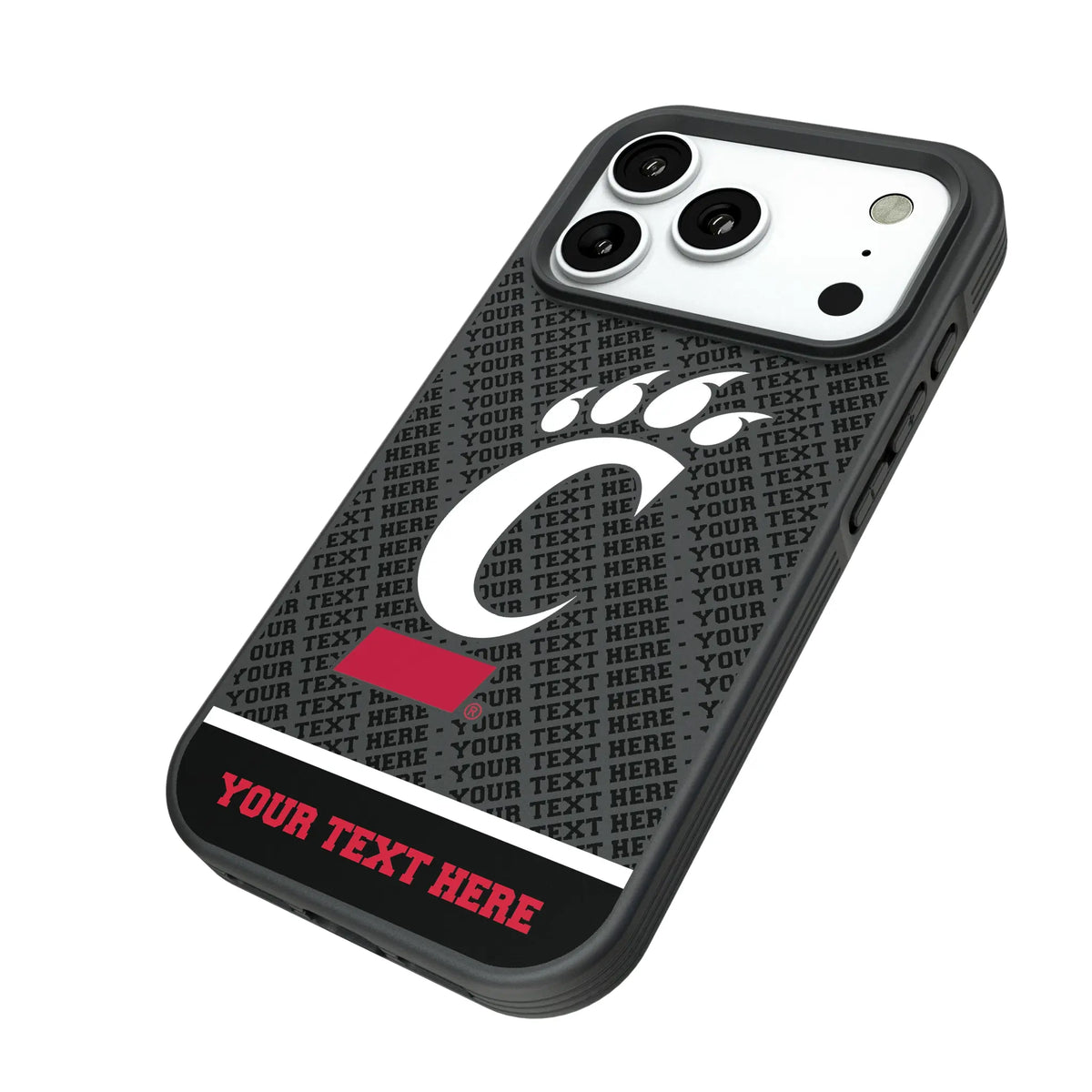 University of Cincinnati Bearcats Personalized EndZone Plus iPhone Bump Phone Case for Apple iPhone - Isometric View#Device_iPhone 18 Pro
