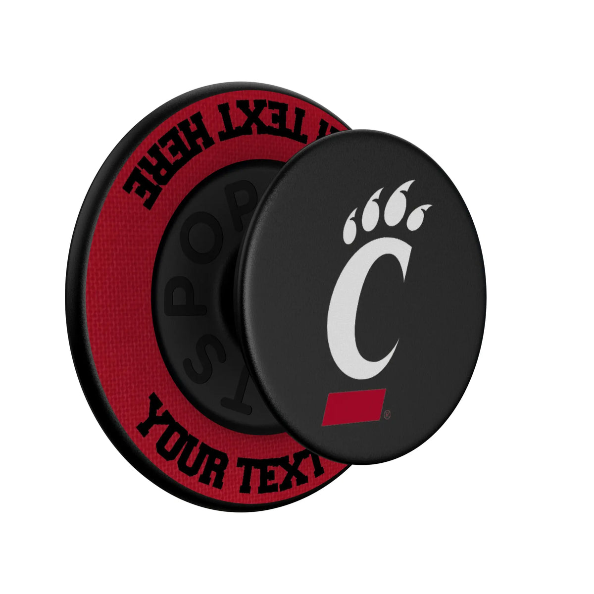 University of Cincinnati Bearcats Personalized Endzone Solid Popsockets Round Magnetic - Isometric View